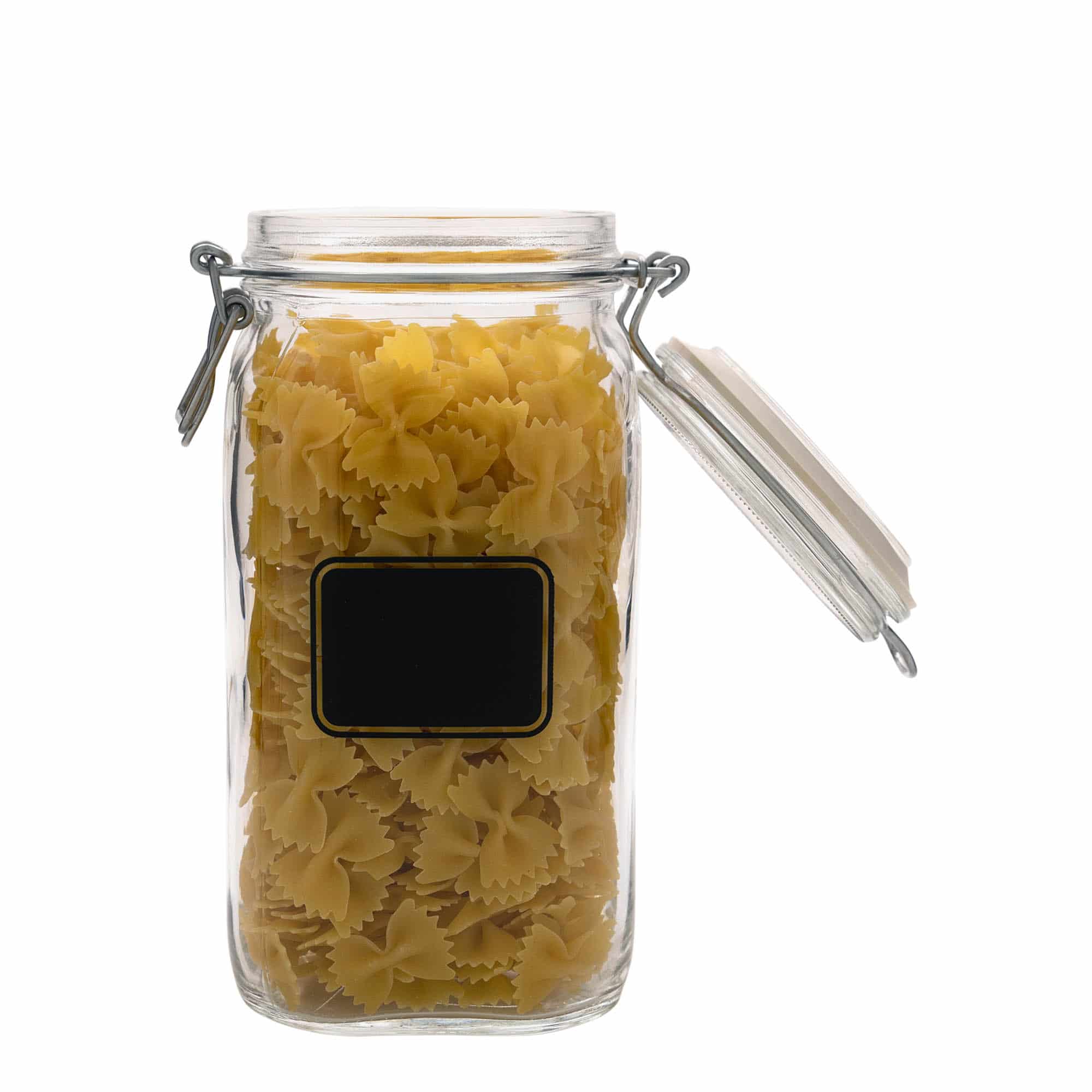 1.500 ml Tel kapaklı kavanoz 'Fido', Motif: Etiket alanı, kare, Ağzı: Tel kapaklı kapatma