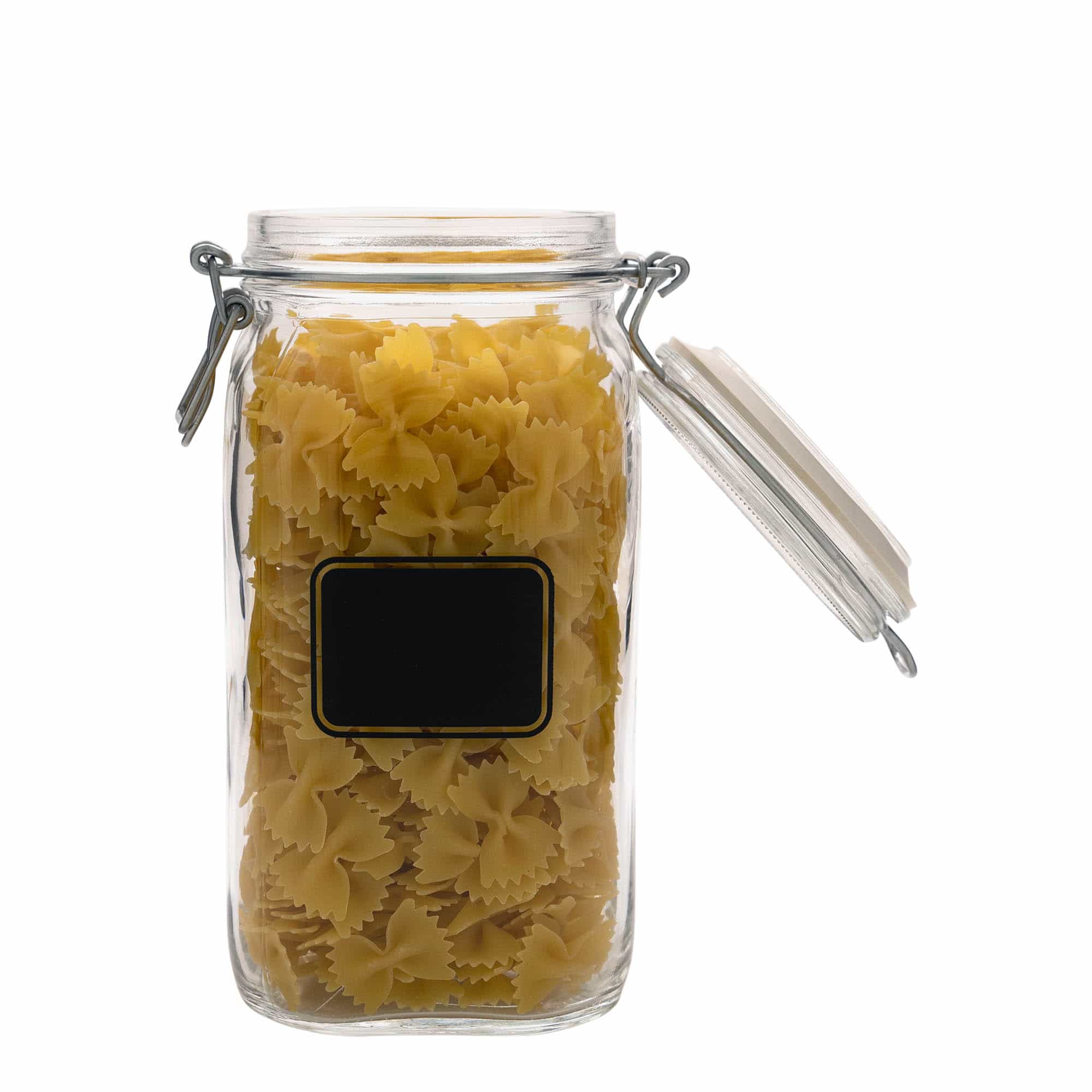 1.500 ml Tel kapaklı kavanoz 'Fido', Motif: Etiket alanı, kare, Ağzı: Tel kapaklı kapatma