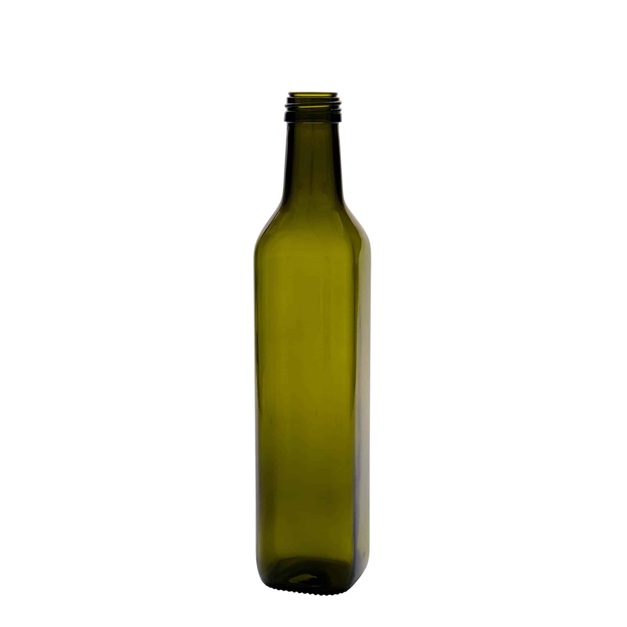 500 ml Cam Şişe 'Marasca', kare, antik yeşil, Ağız: PP 31,5