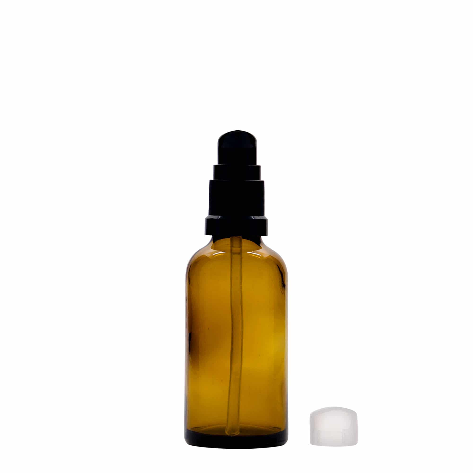 50 ml tıbbi şişe, losyon pompalı, cam, kahverengi, ağız: DIN 18
