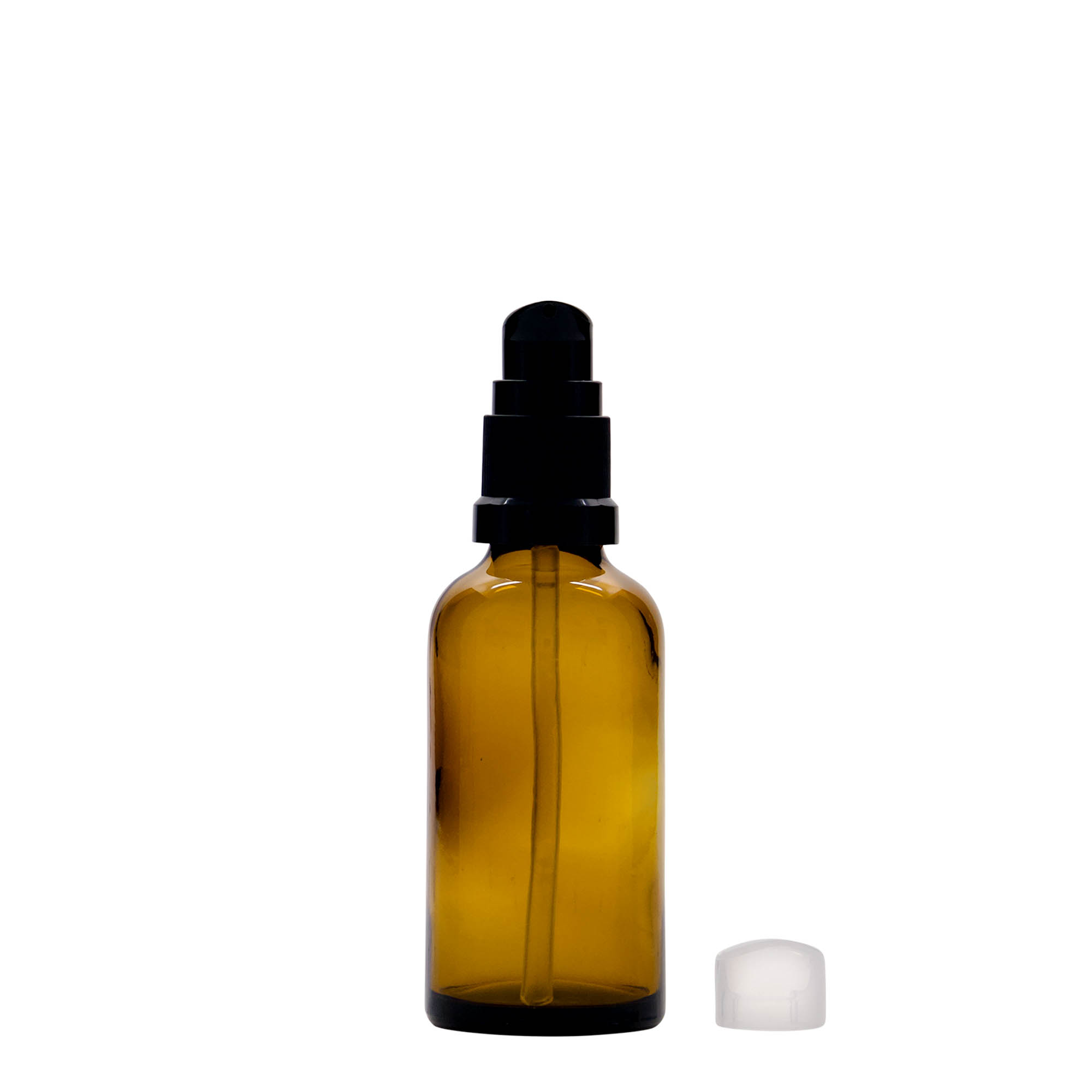 50 ml tıbbi şişe, losyon pompalı, cam, kahverengi, ağız: DIN 18