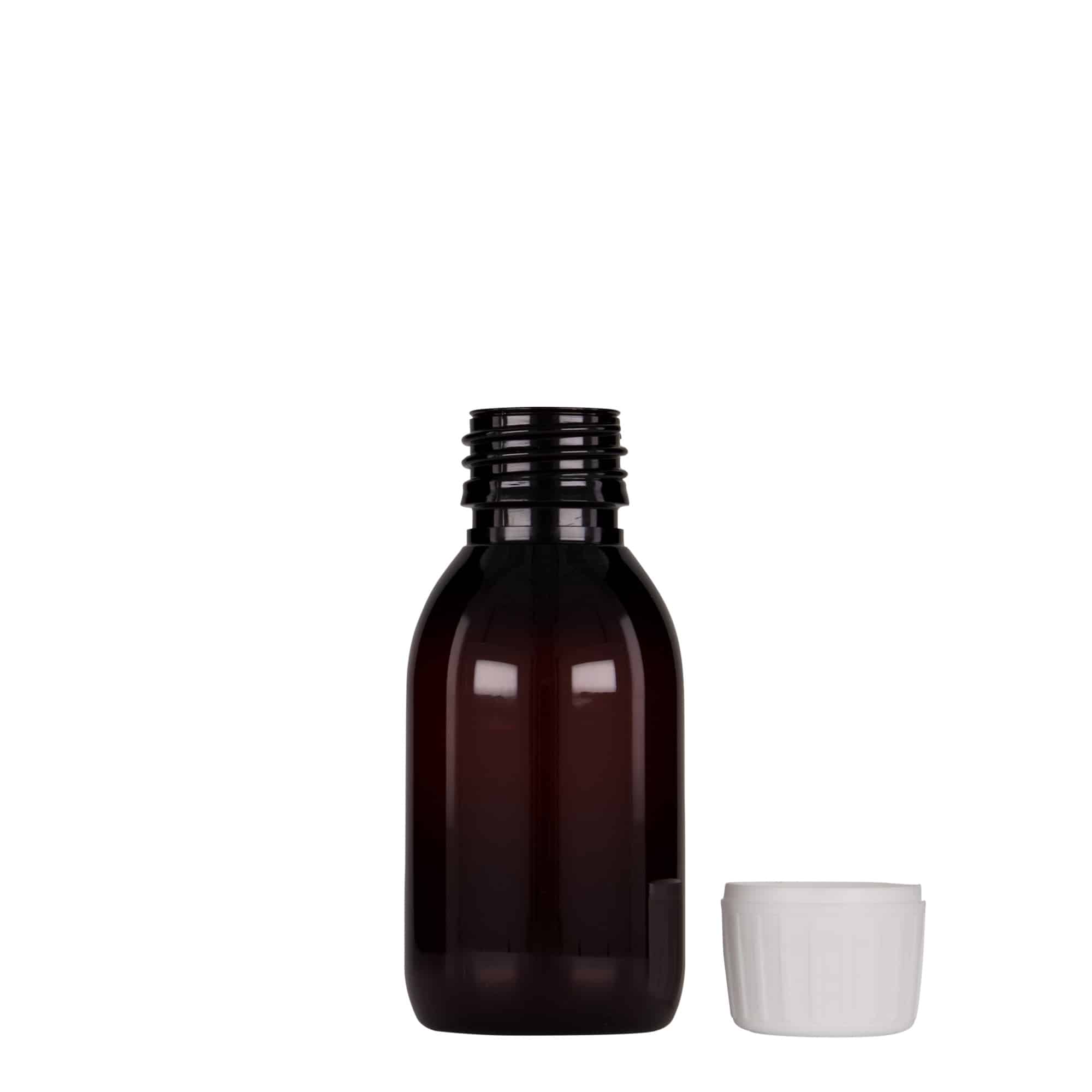 100 ml PET tıbbi şişe, kahverengi, plastik, ağız: PP 28