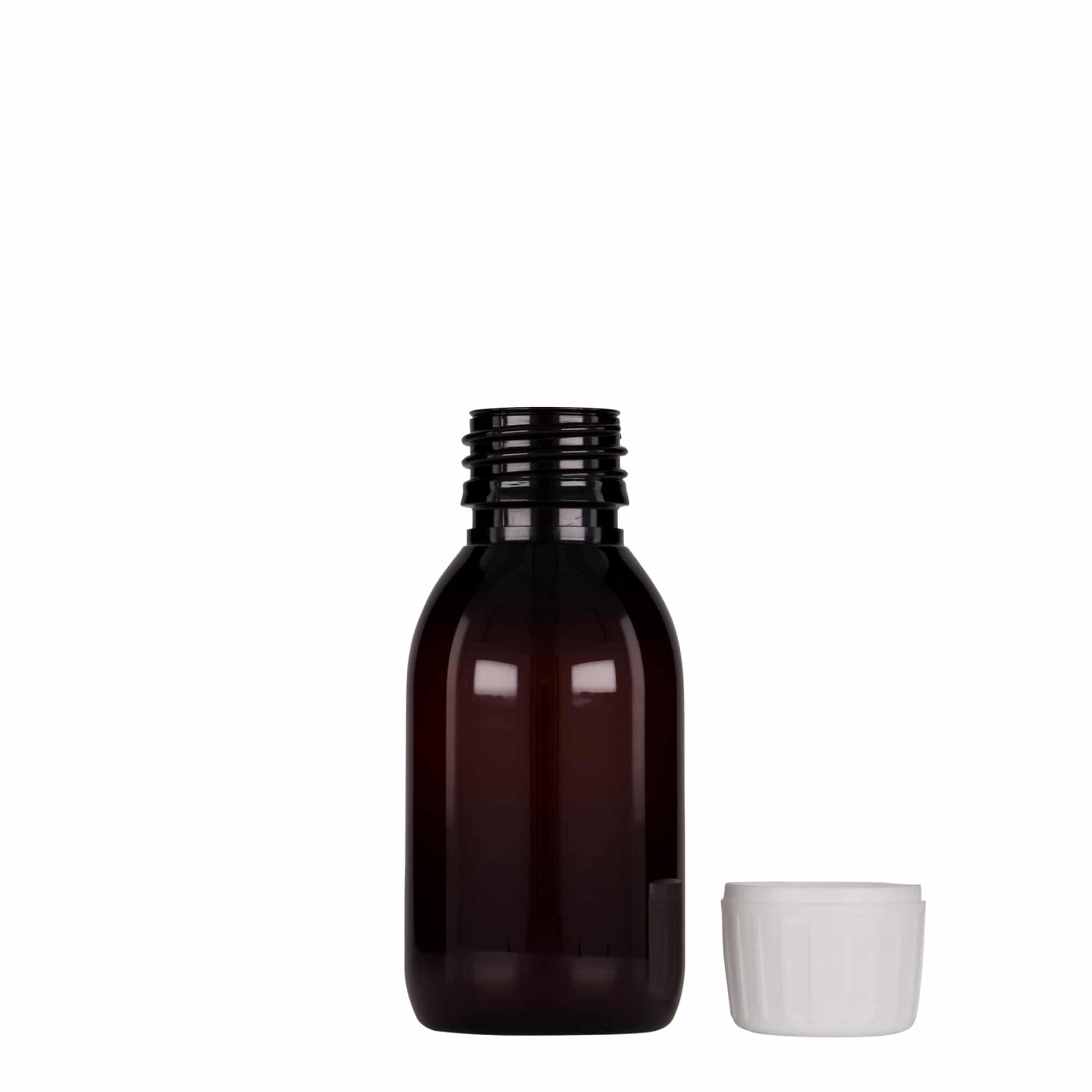 100 ml PET tıbbi şişe, kahverengi, plastik, ağız: PP 28