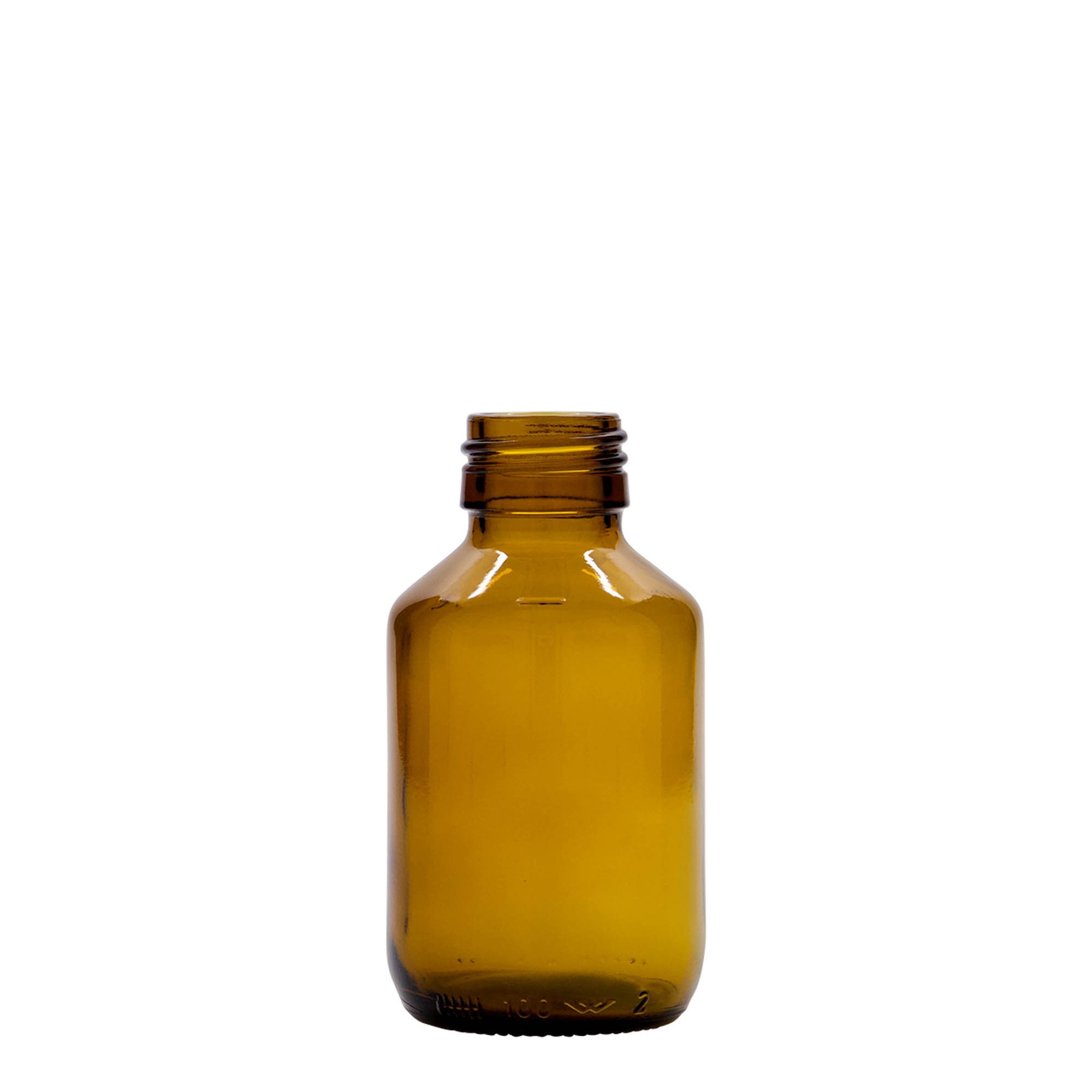 100 ml tıbbi şişe, kahverengi, cam, ağız: PP 28