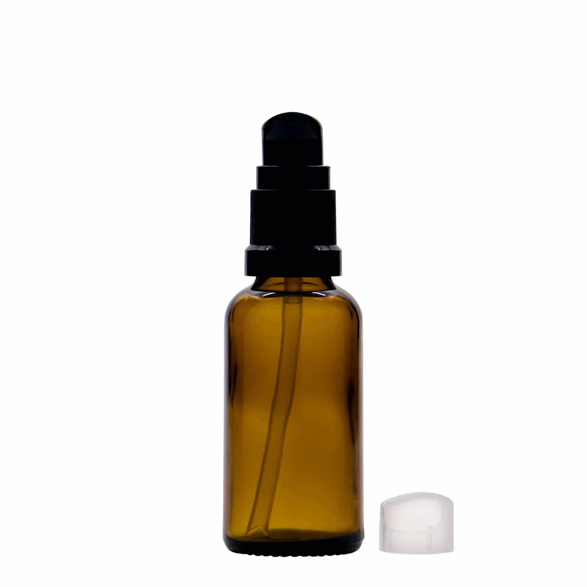 30 ml cam ilaç şişesi, losyon pompalı, kahverengi, ağız: DIN 18