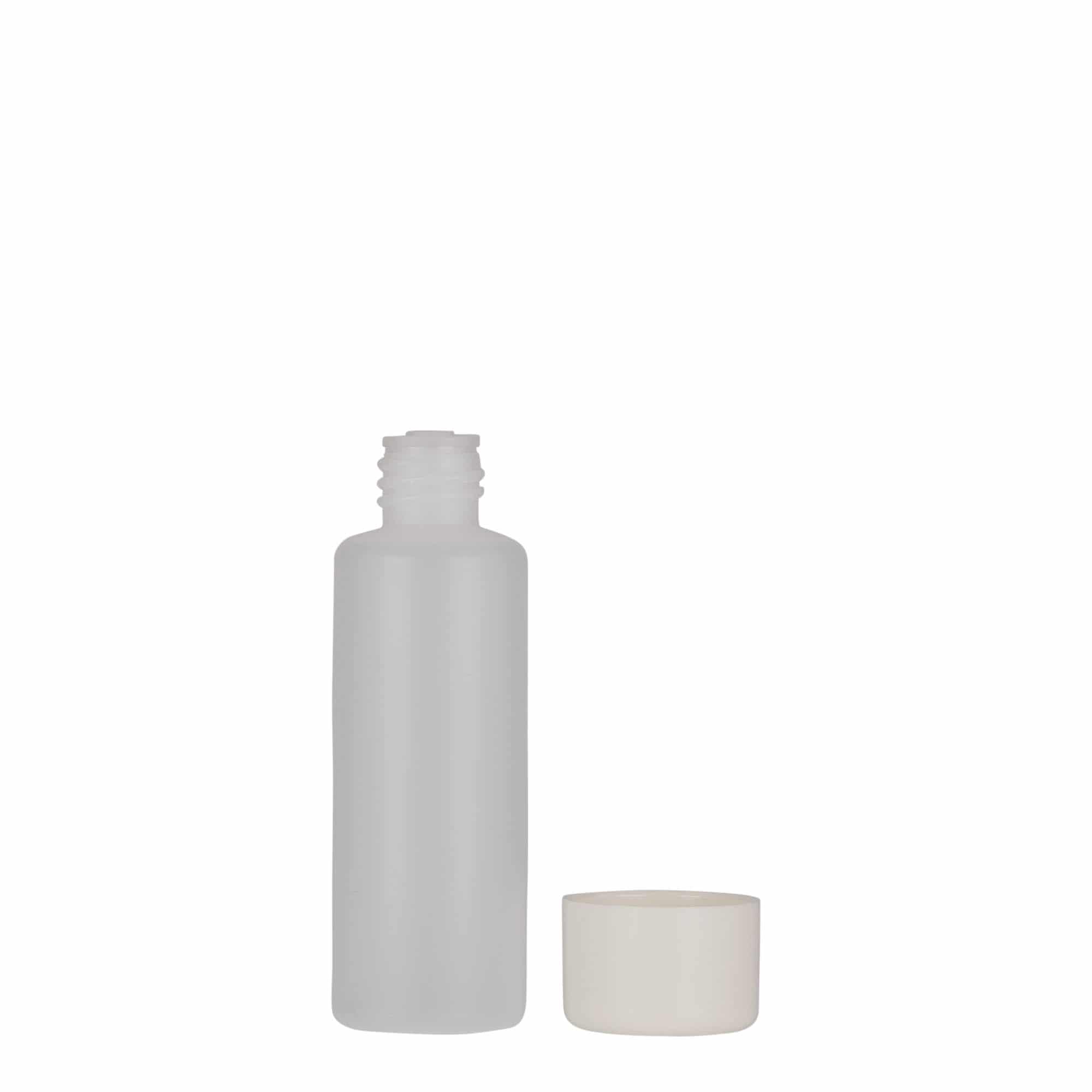 50 ml yuvarlak şişe, PE plastik, doğal, ağız: vidalı kapak