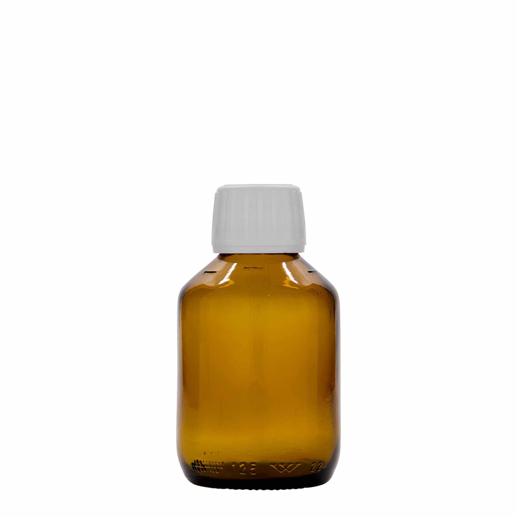 125 ml tıbbi şişe, kahverengi, cam, ağız: PP 28