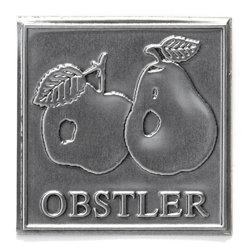 Teneke etiket 'Obstler', kare, metal, gümüş renginde
