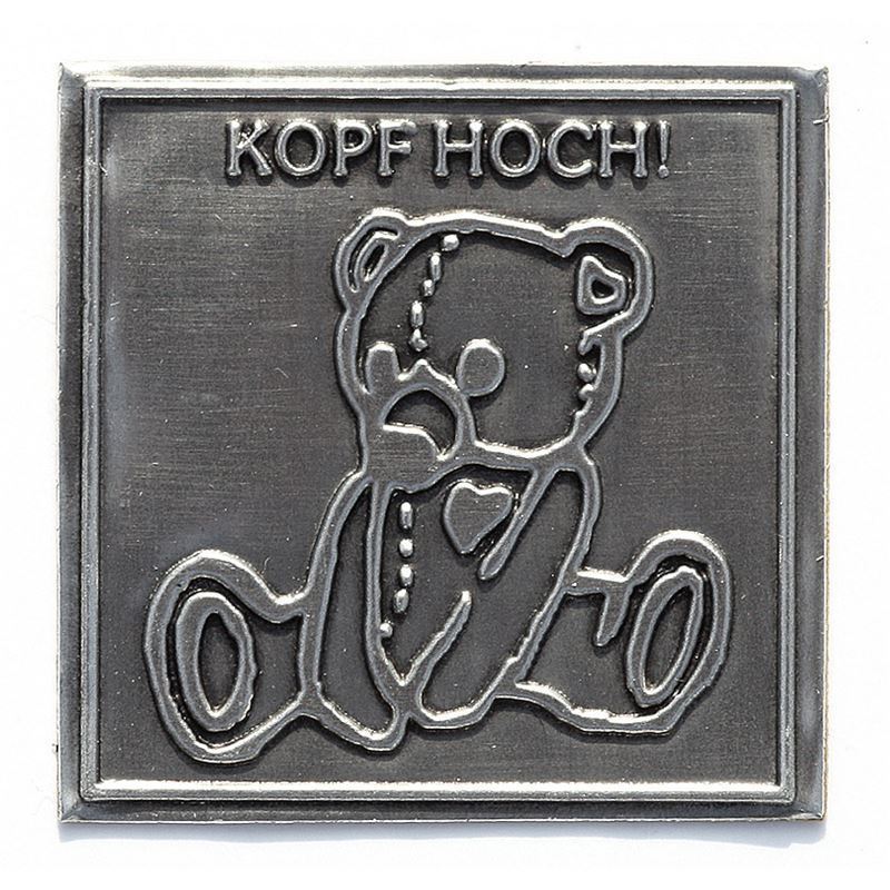 Metal, gümüş, kare şeklinde 'Kopf Hoch' kalay etiketi