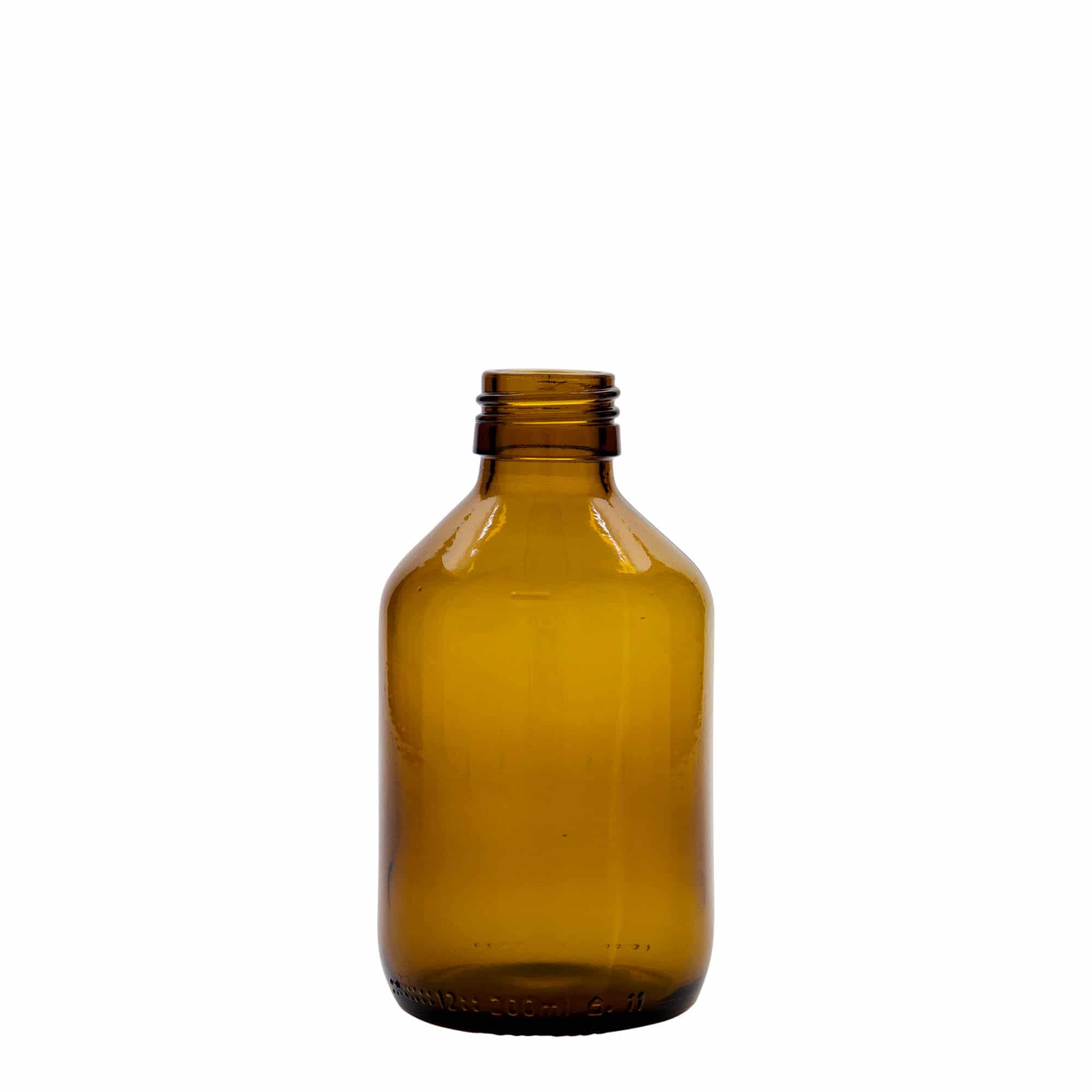 200 ml tıbbi şişe, kahverengi, cam, ağız: PP 28 200 ml tıbbi şişe, kahverengi, cam, ağız: PP 28