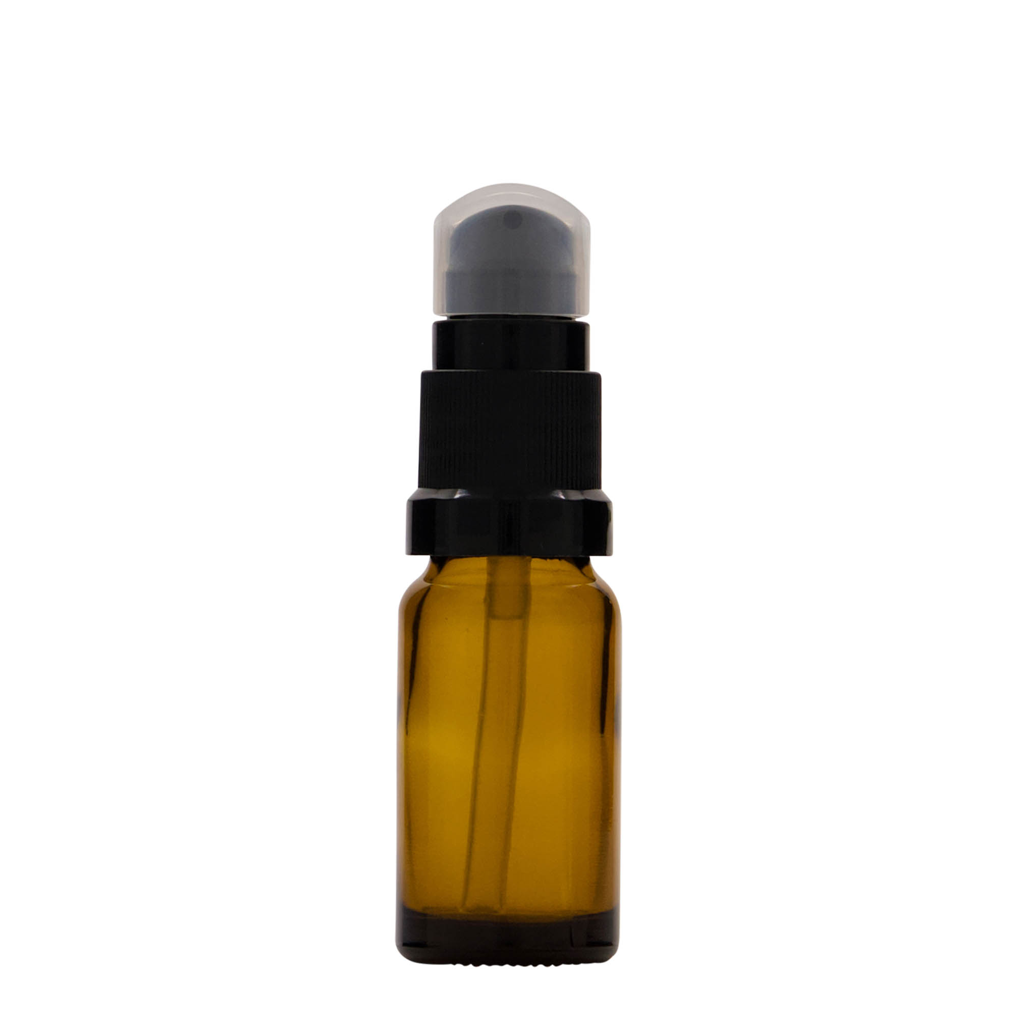 10 ml cam şişe, losyon pompalı, kahverengi, ağız: DIN 18