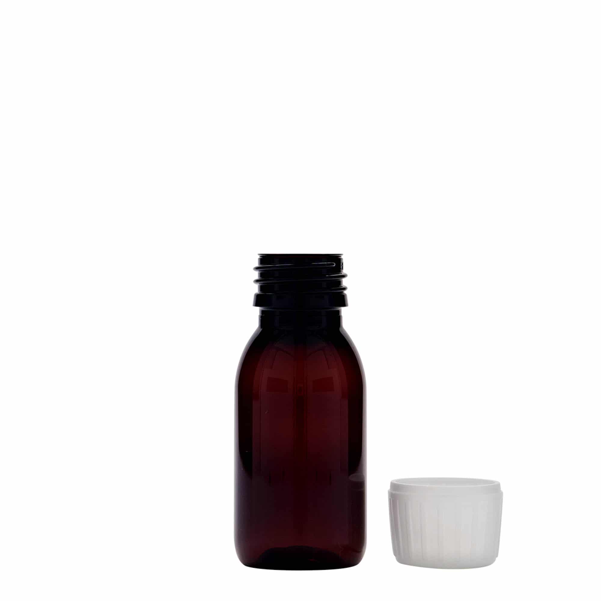 60 ml PET tıbbi şişe, kahverengi, plastik, ağız: PP 28