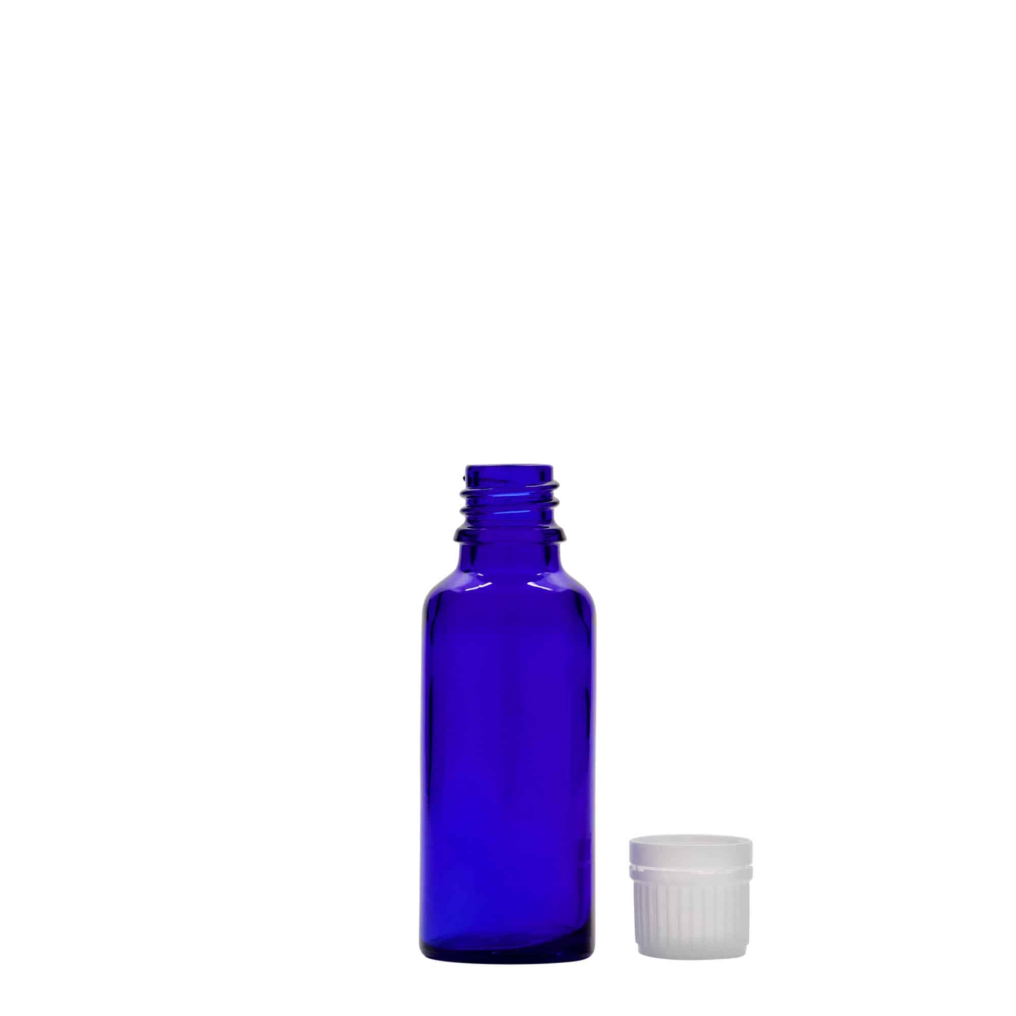 30 ml tıbbi şişe, cam, kral mavisi, ağız: DIN 18