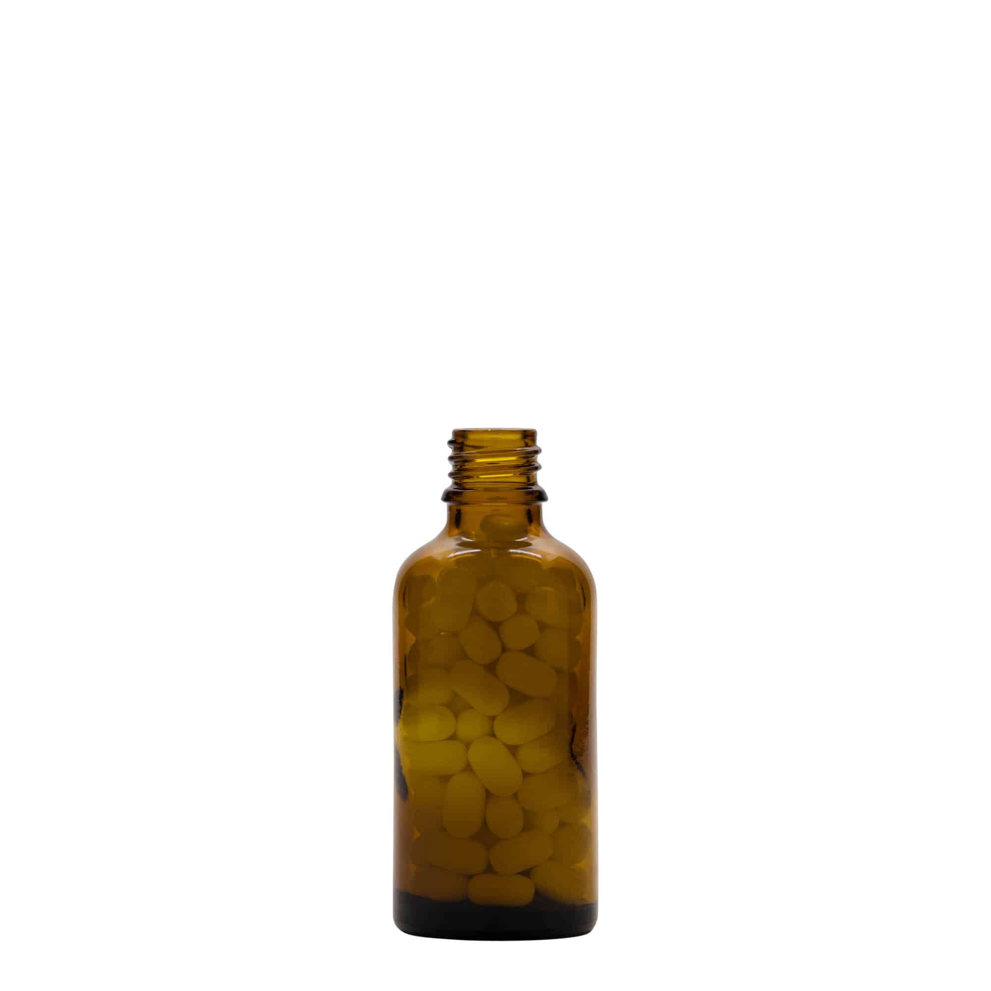 50 ml tıbbi şişe, cam, kahverengi, ağız: DIN 18