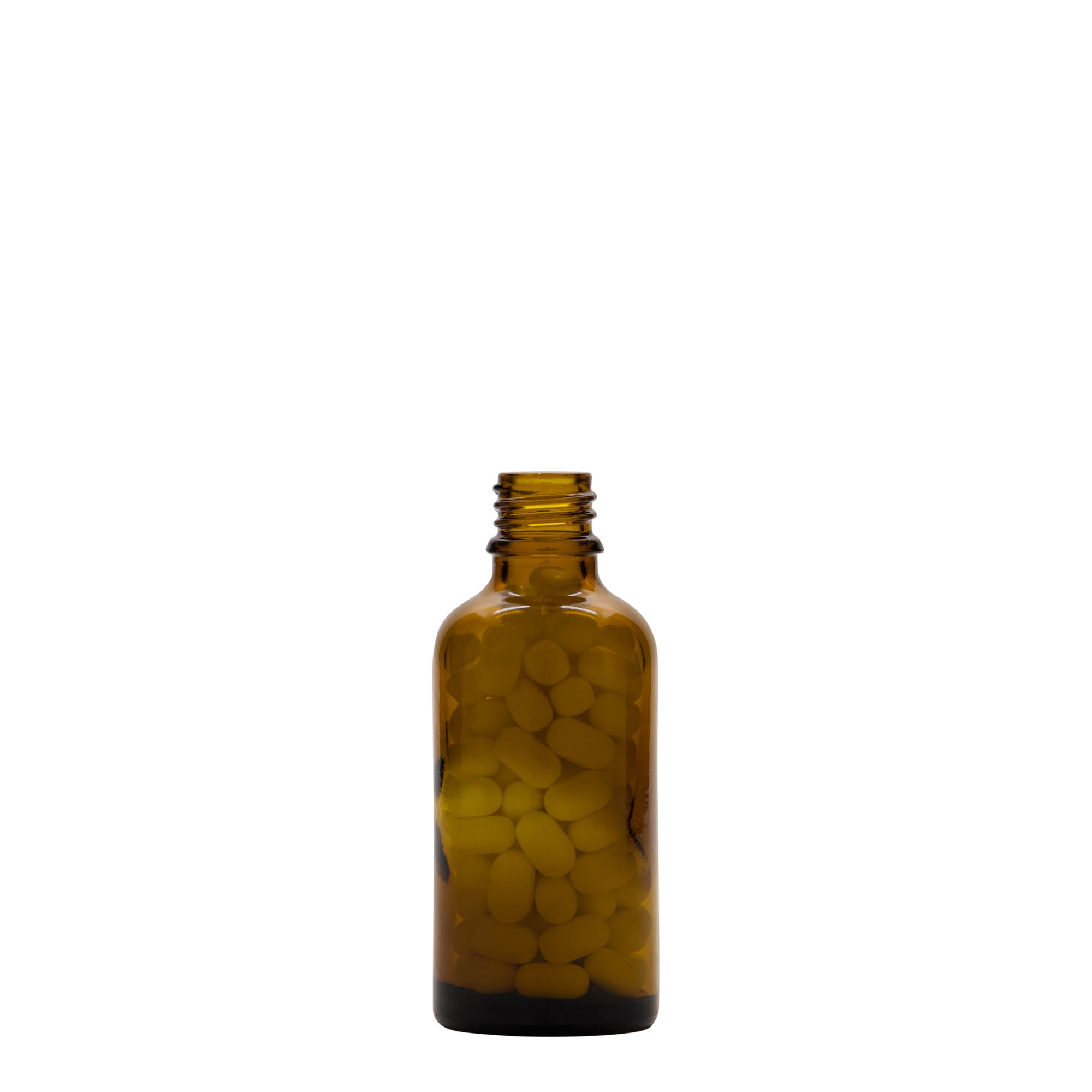 50 ml tıbbi şişe, cam, kahverengi, ağız: DIN 18