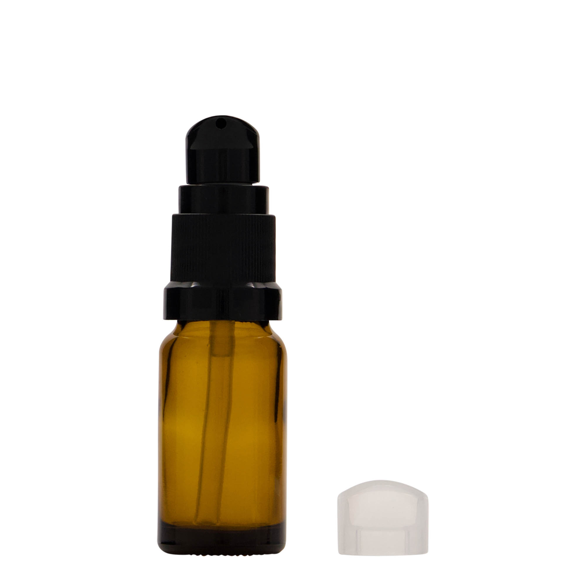 10 ml cam şişe, losyon pompalı, kahverengi, ağız: DIN 18