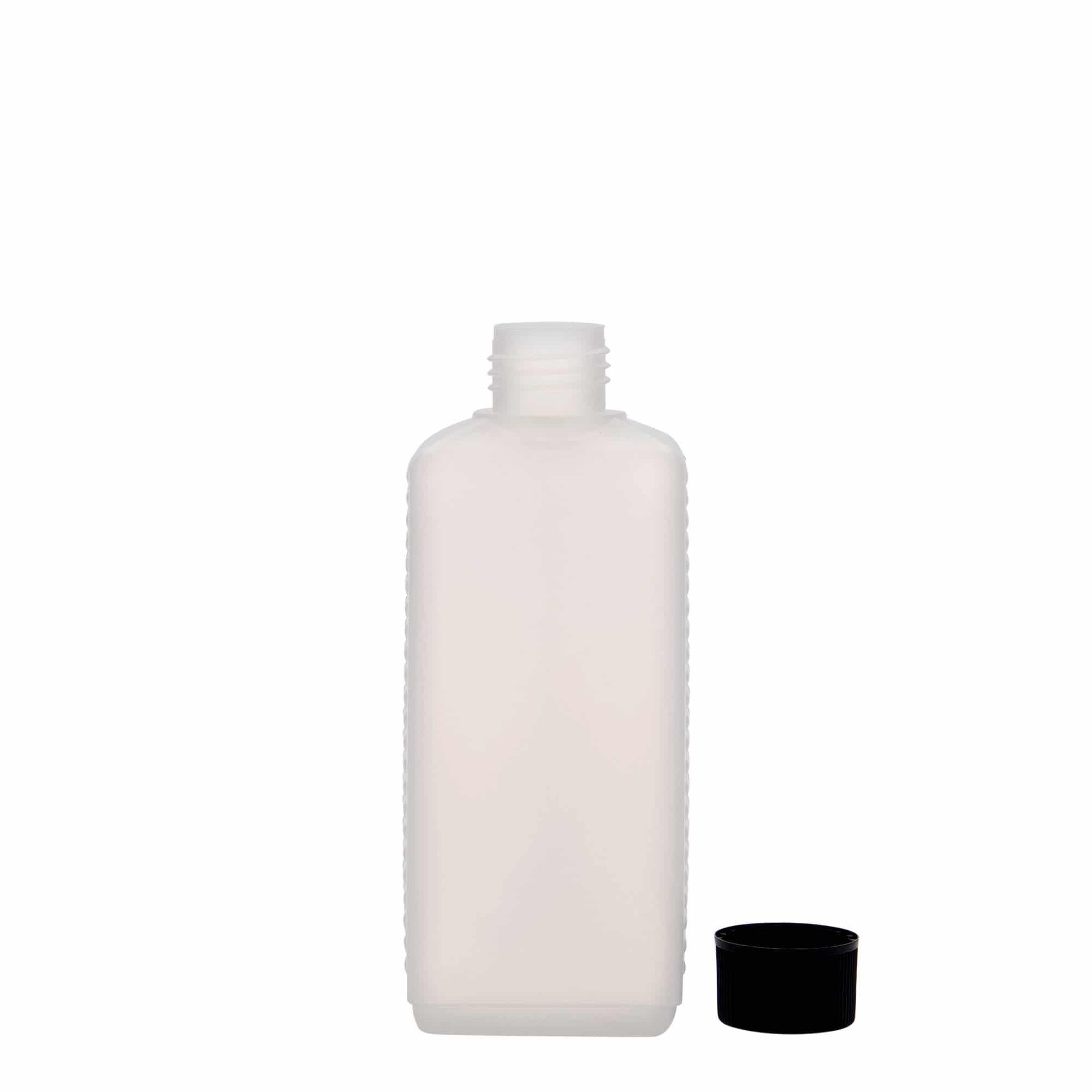 250 ml Kanister şişesi, dikdörtgen, HDPE plastik, doğal, ağız: DIN 25 EPE