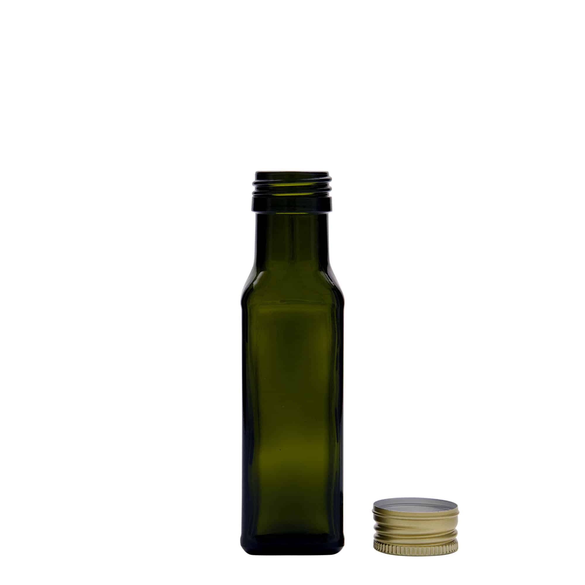 100 ml Cam şişe 'Marasca', kare, antik yeşil, ağız: PP 31,5
