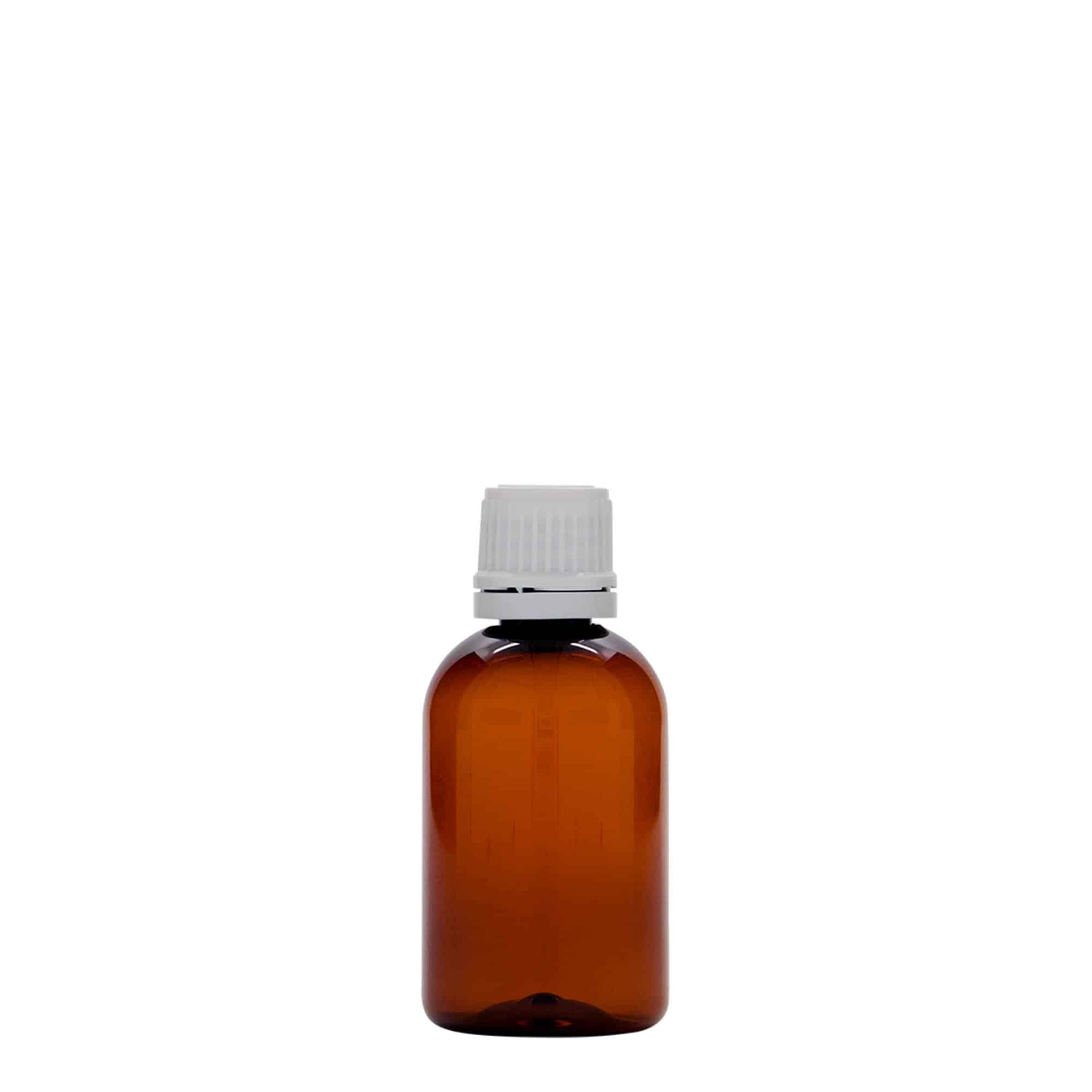 50 ml PET tıbbi şişe 'Easy Living', kahverengi, plastik, ağız: DIN 18
