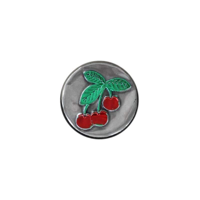 Teneke etiketi 'Kiraz', yuvarlak, metal, gümüş Teneke etiketi 'Kiraz', yuvarlak, metal, gümüş