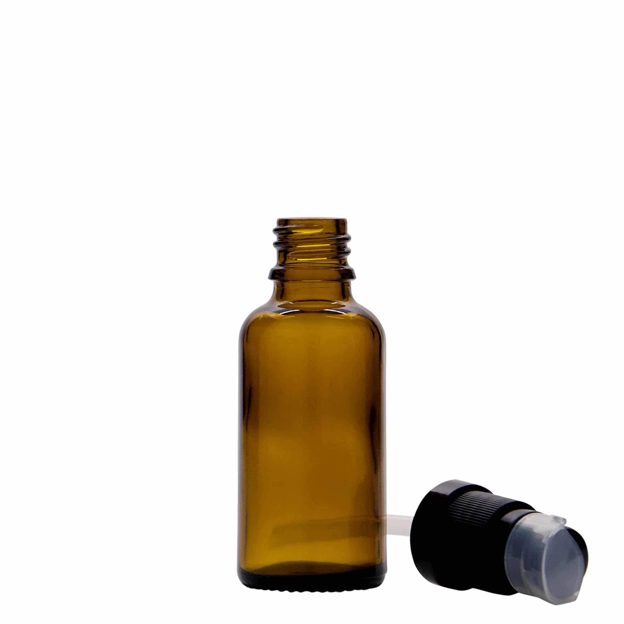 30 ml cam ilaç şişesi, losyon pompalı, kahverengi, ağız: DIN 18