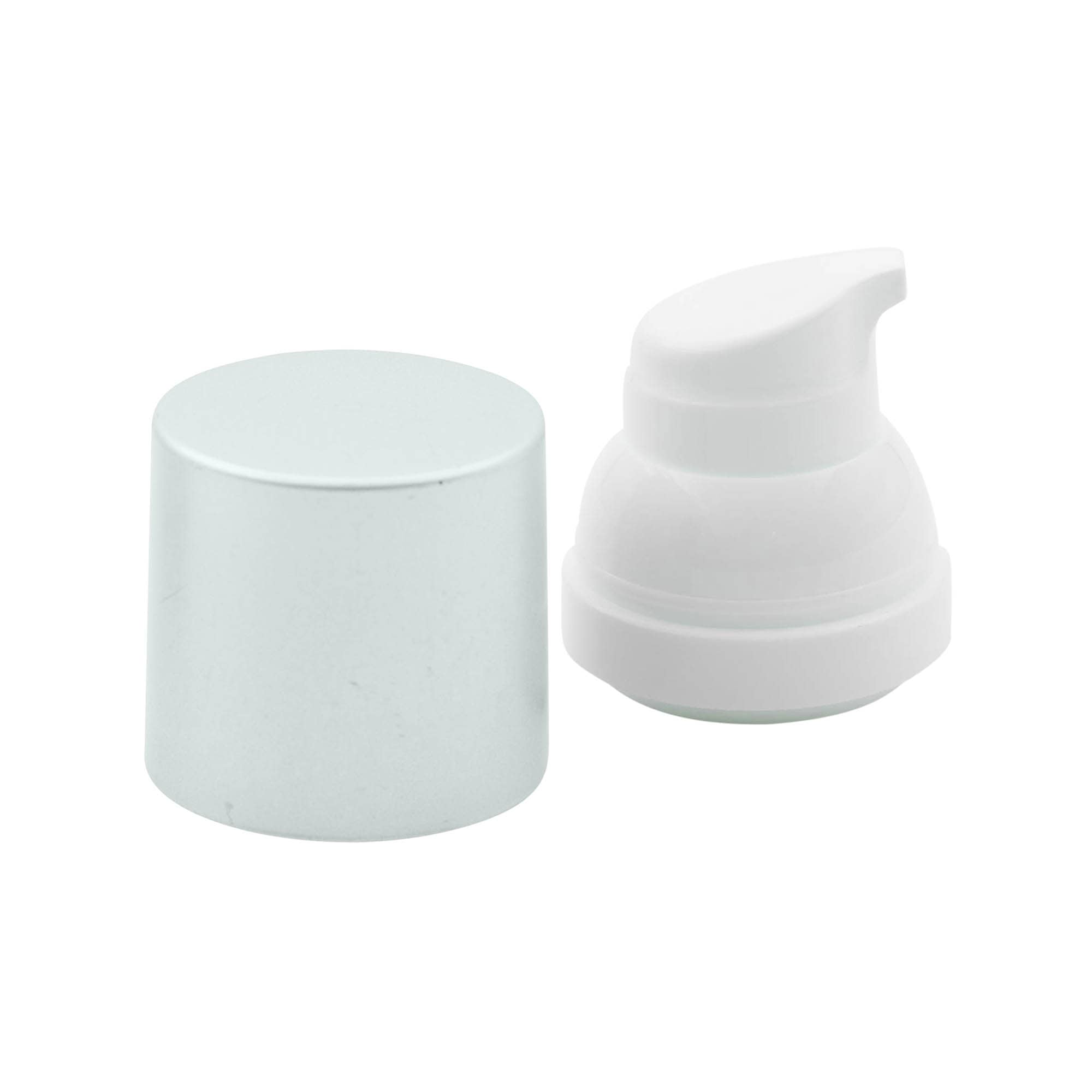 Airless Dispenser Pompa Kafası „Mezzo“, Tip D, PP Plastik, beyaz mat gümüş metal kapaklı