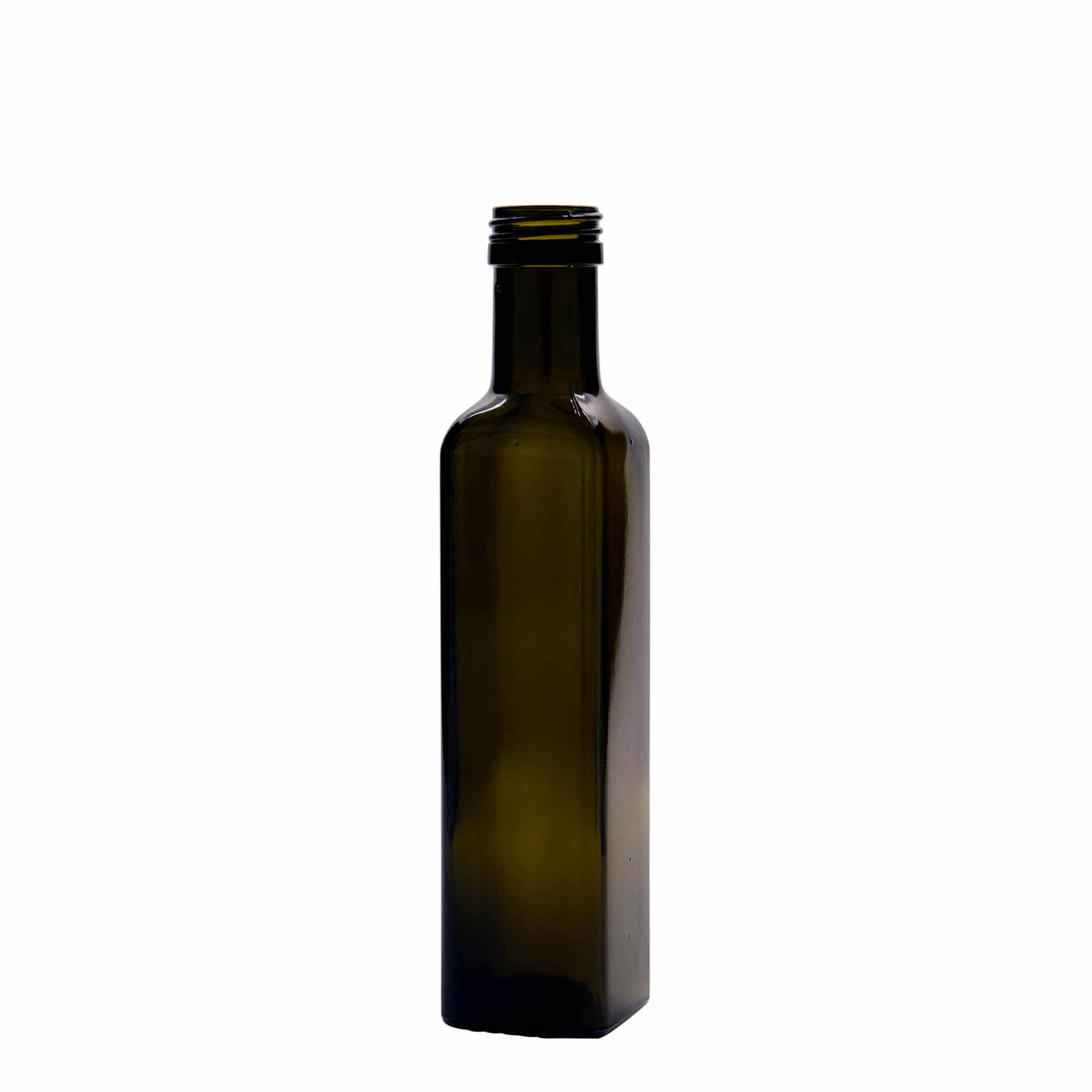250 ml Cam şişe 'Marasca', kare, antik yeşil, Ağız: PP 31,5