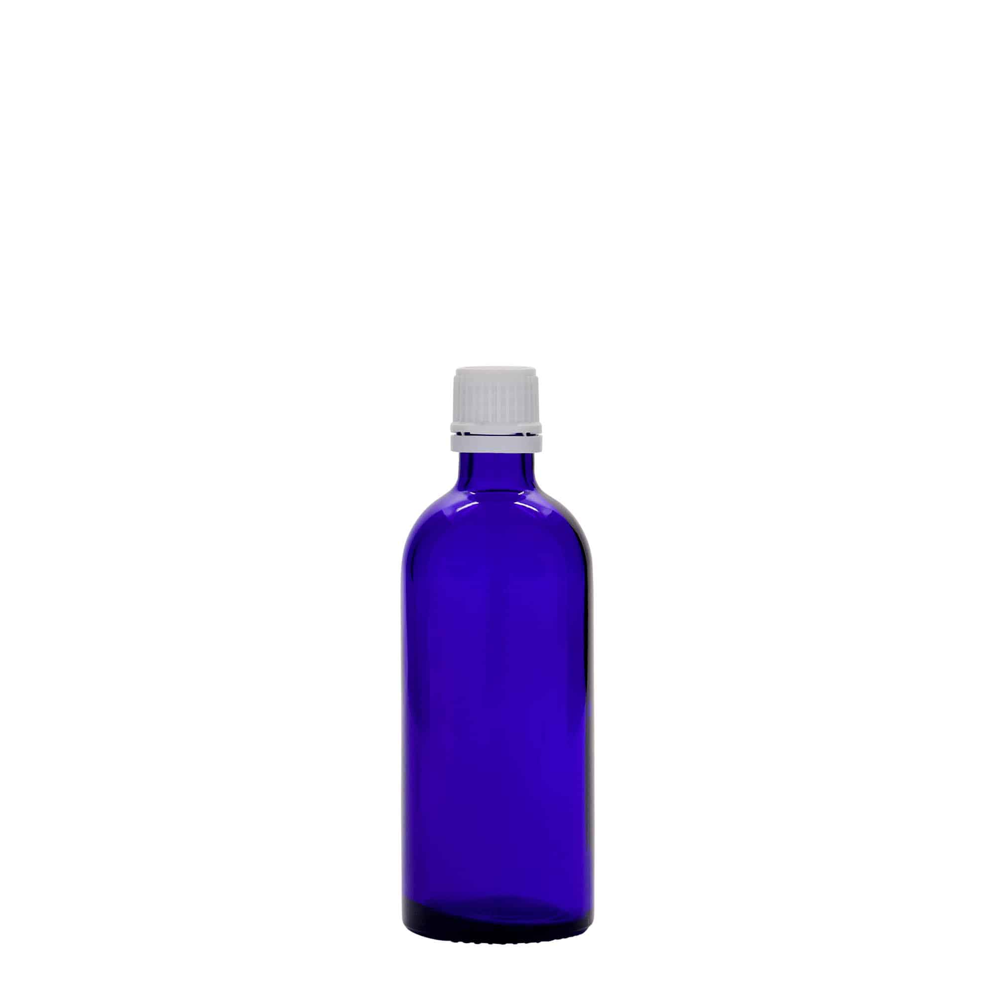 100 ml cam tıbbi şişe, kraliyet mavisi, ağız: DIN 18