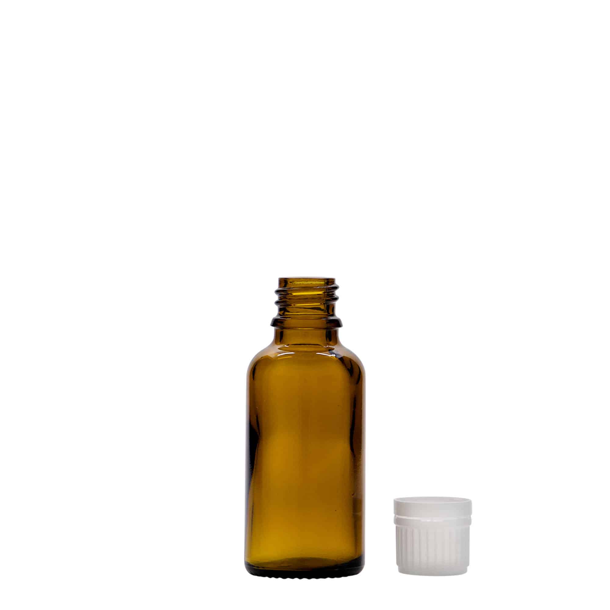 30 ml tıbbi şişe, cam, kahverengi, ağız: DIN 18
