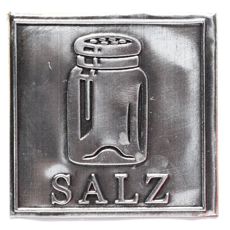 Kalay etiketi 'Tuz', kare, metal, gümüş Kalay etiketi 'Tuz', kare, metal, gümüş