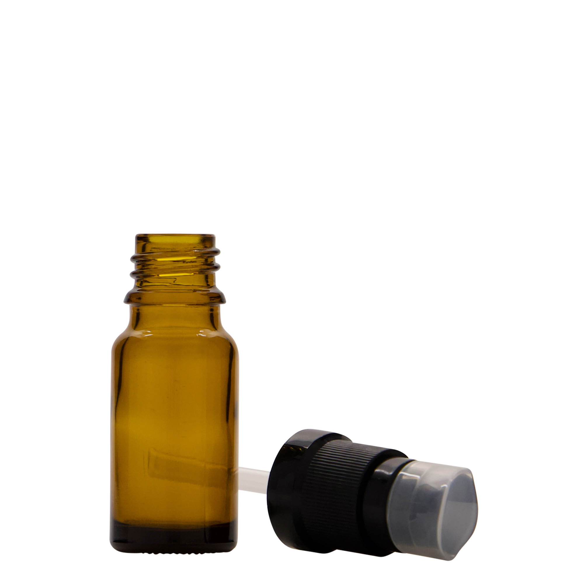 10 ml cam şişe, losyon pompalı, kahverengi, ağız: DIN 18