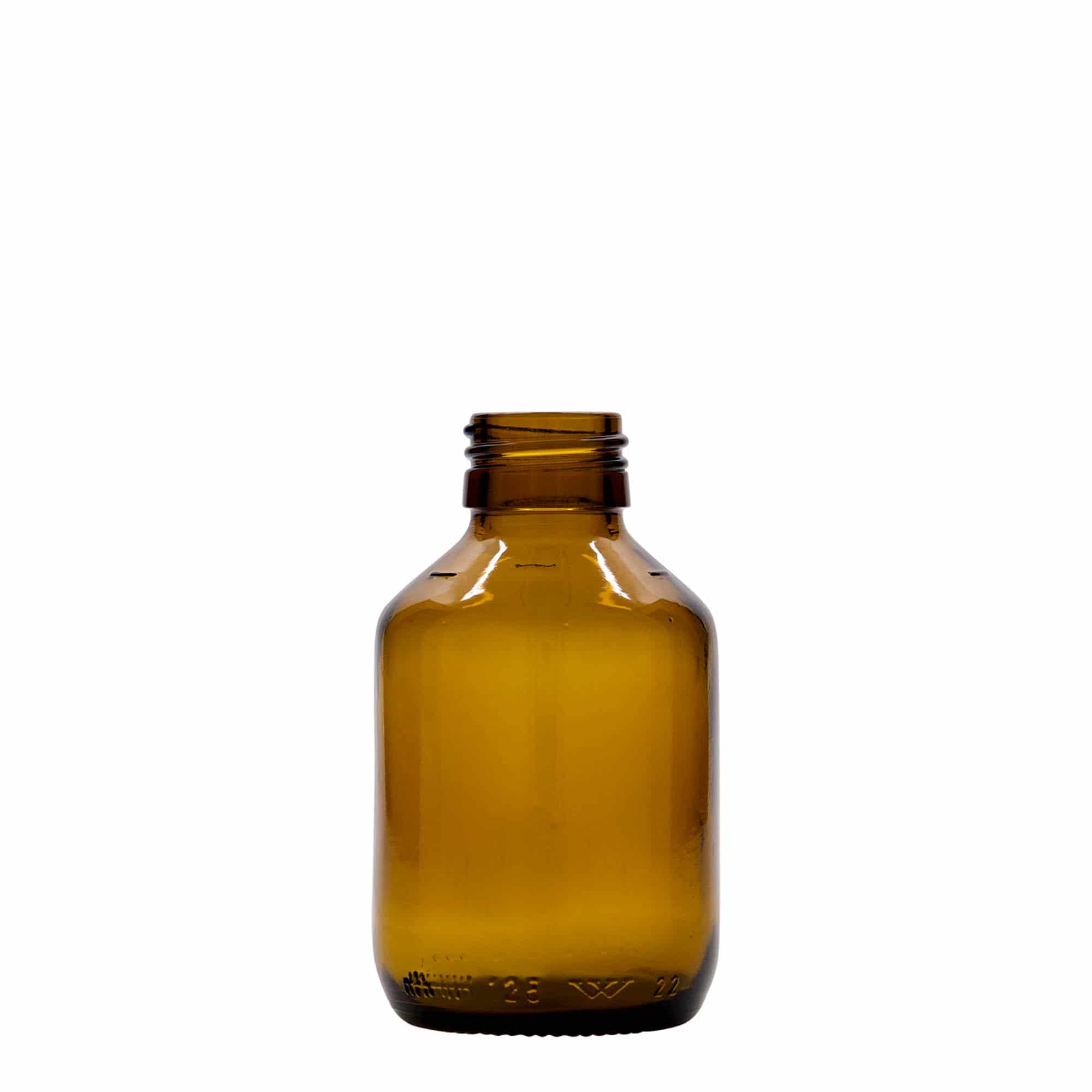 125 ml tıbbi şişe, kahverengi, cam, ağız: PP 28