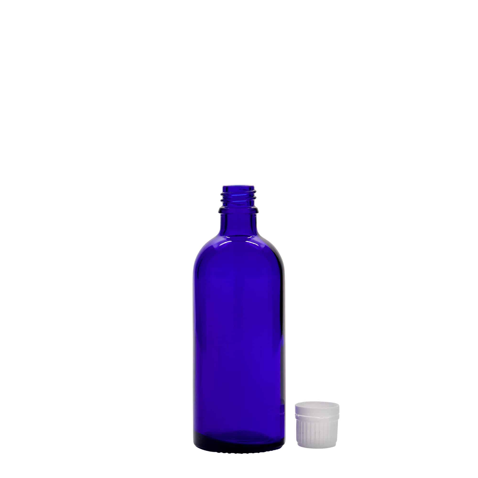100 ml cam tıbbi şişe, kraliyet mavisi, ağız: DIN 18