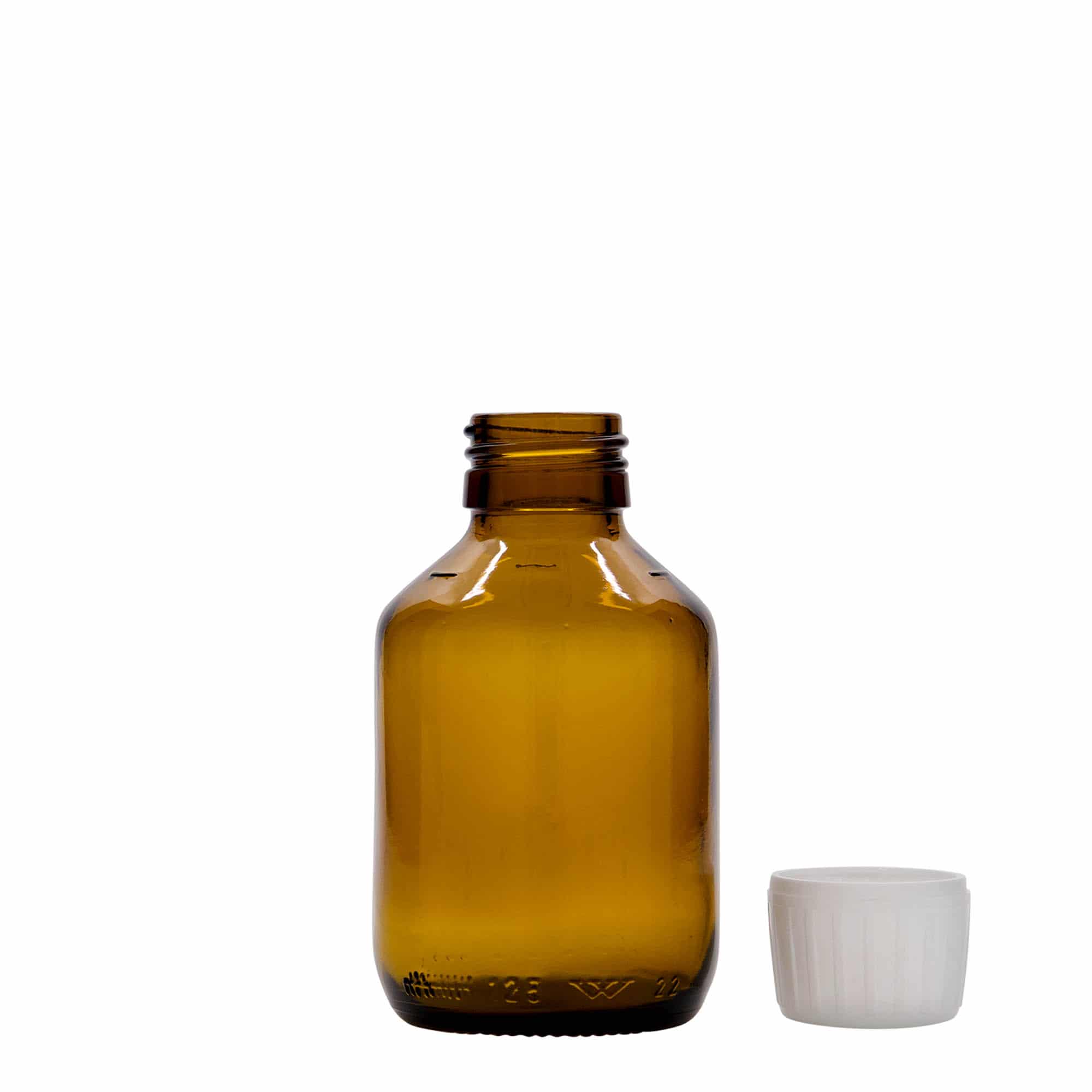 125 ml tıbbi şişe, kahverengi, cam, ağız: PP 28