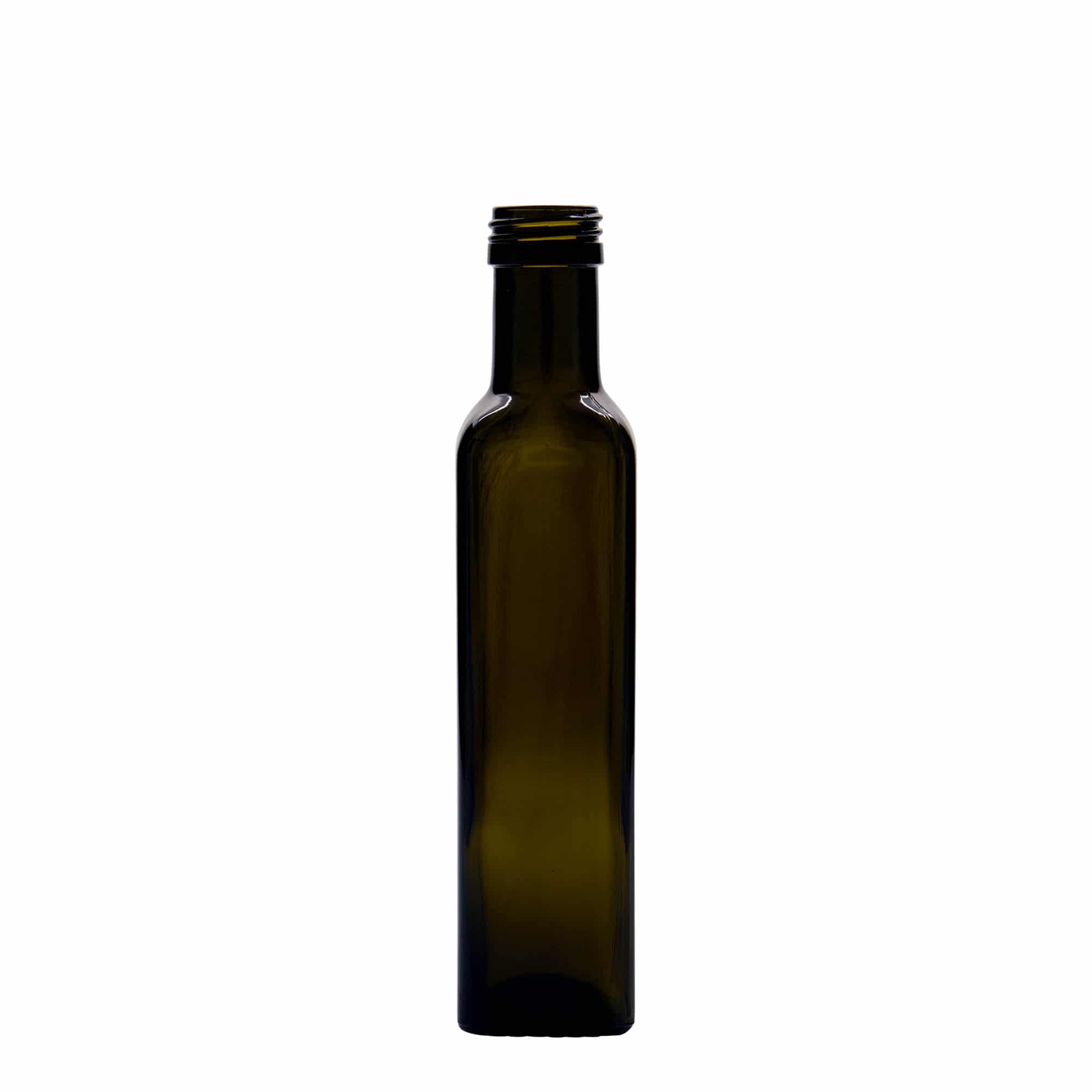 250 ml Cam şişe 'Marasca', kare, antik yeşil, Ağız: PP 31,5