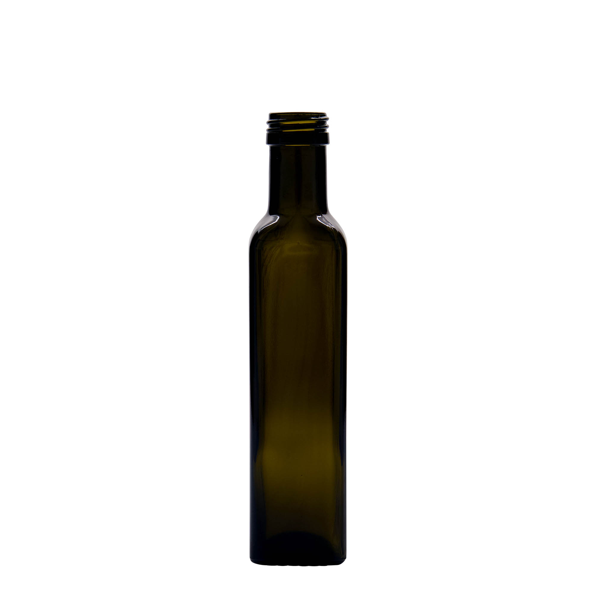 250 ml Cam şişe 'Marasca', kare, antik yeşil, Ağız: PP 31,5