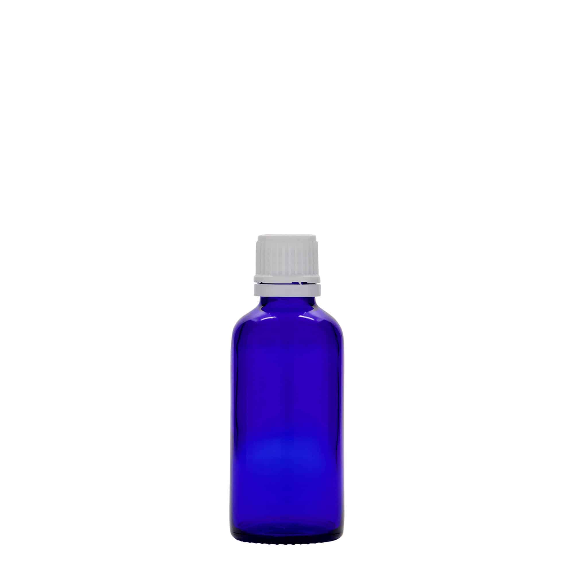 50 ml tıbbi şişe, cam, kraliyet mavisi, ağız çapı: DIN 18