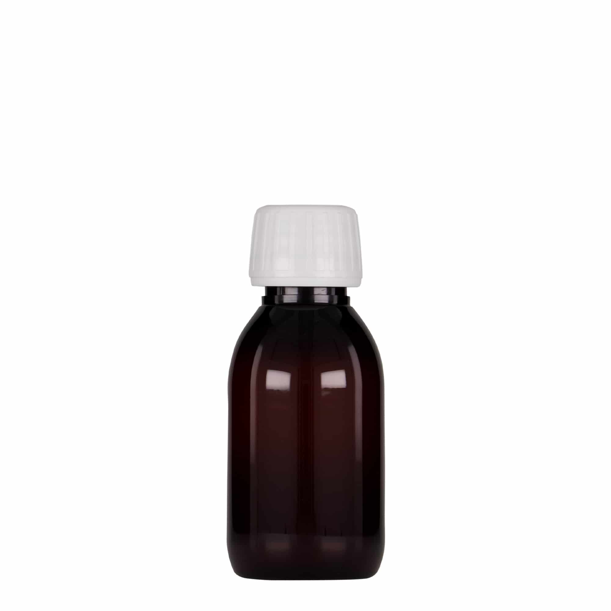 100 ml PET tıbbi şişe, kahverengi, plastik, ağız: PP 28