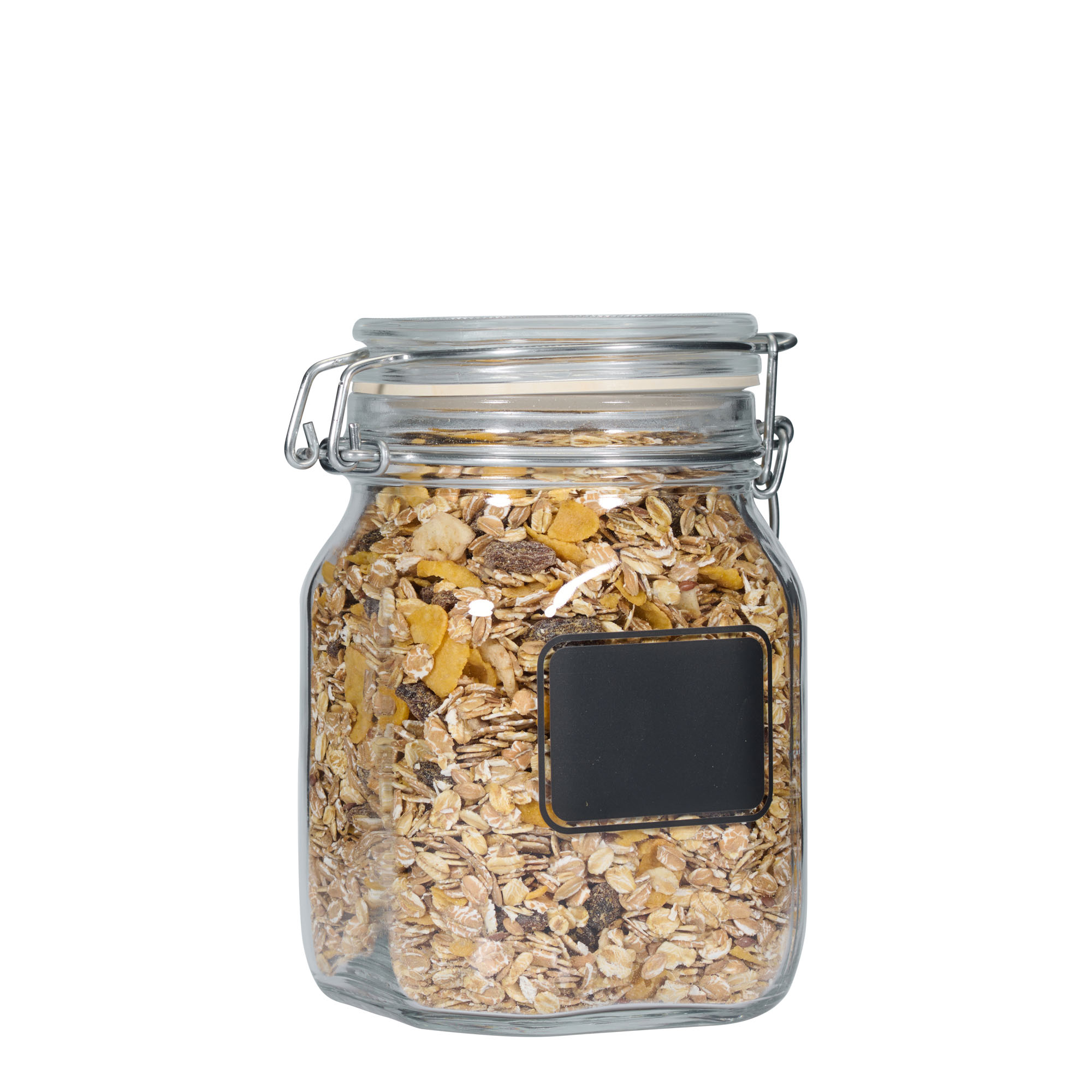 1.000 ml Tel Mandallı Kavanoz 'Fido', Motif: Etiket Alanı, kare, Ağız: Tel Mandallı Kapatma