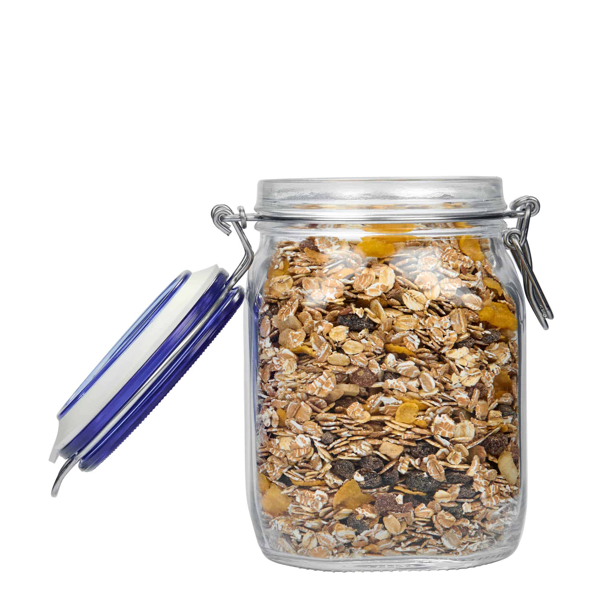 1.000 ml Tel Mandallı Kavanoz 'Fido' Mavi Kapak, kare, Ağız: Tel Mandallı Kapak