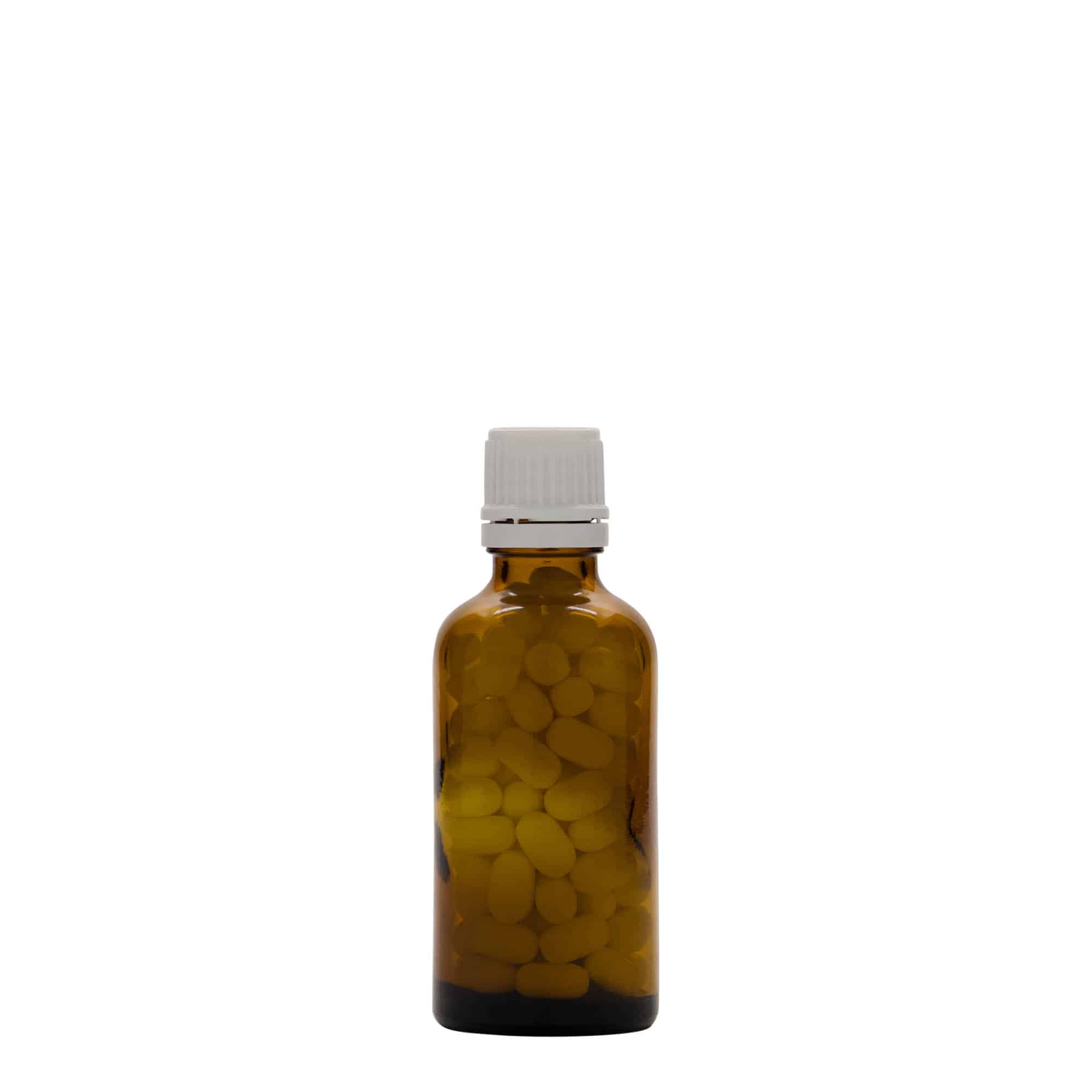 50 ml tıbbi şişe, cam, kahverengi, ağız: DIN 18