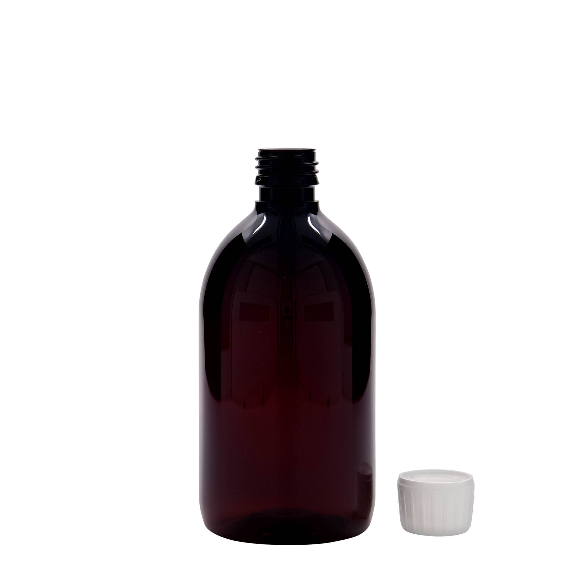 500 ml PET tıbbi şişe, kahverengi, plastik, ağız: PP 28