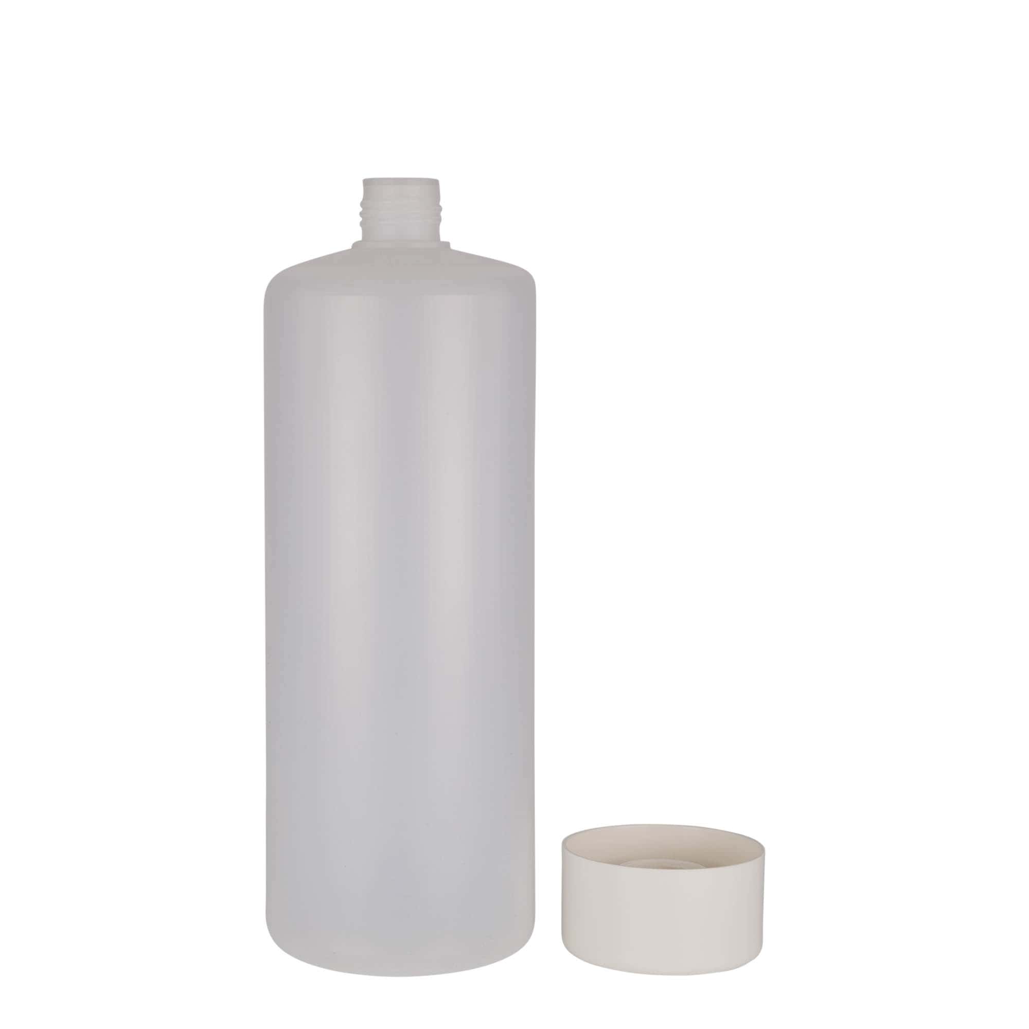 1.000 ml Yuvarlak şişe, PE plastik, doğal, ağız: Vidalı kapak