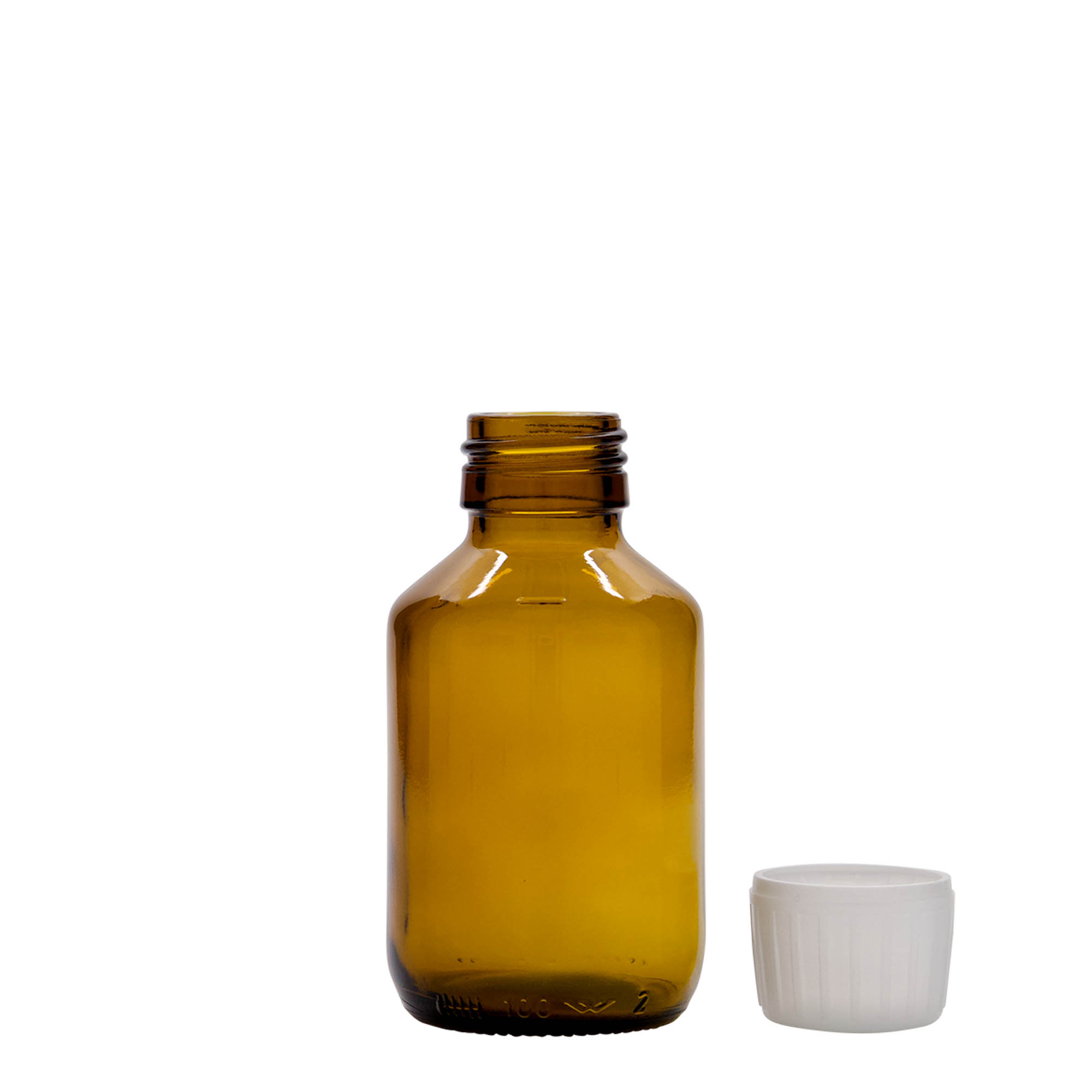 100 ml tıbbi şişe, kahverengi, cam, ağız: PP 28