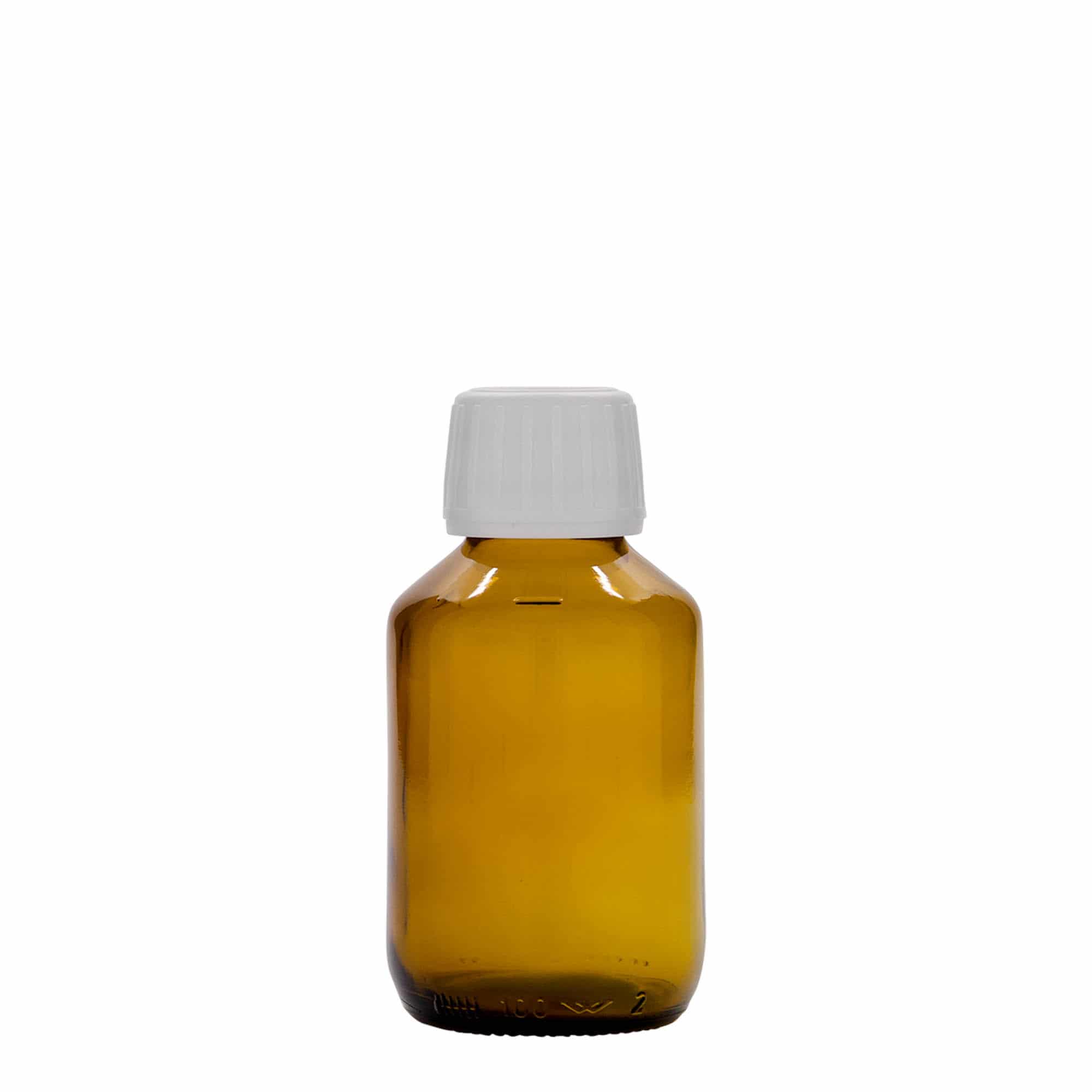 100 ml tıbbi şişe, kahverengi, cam, ağız: PP 28
