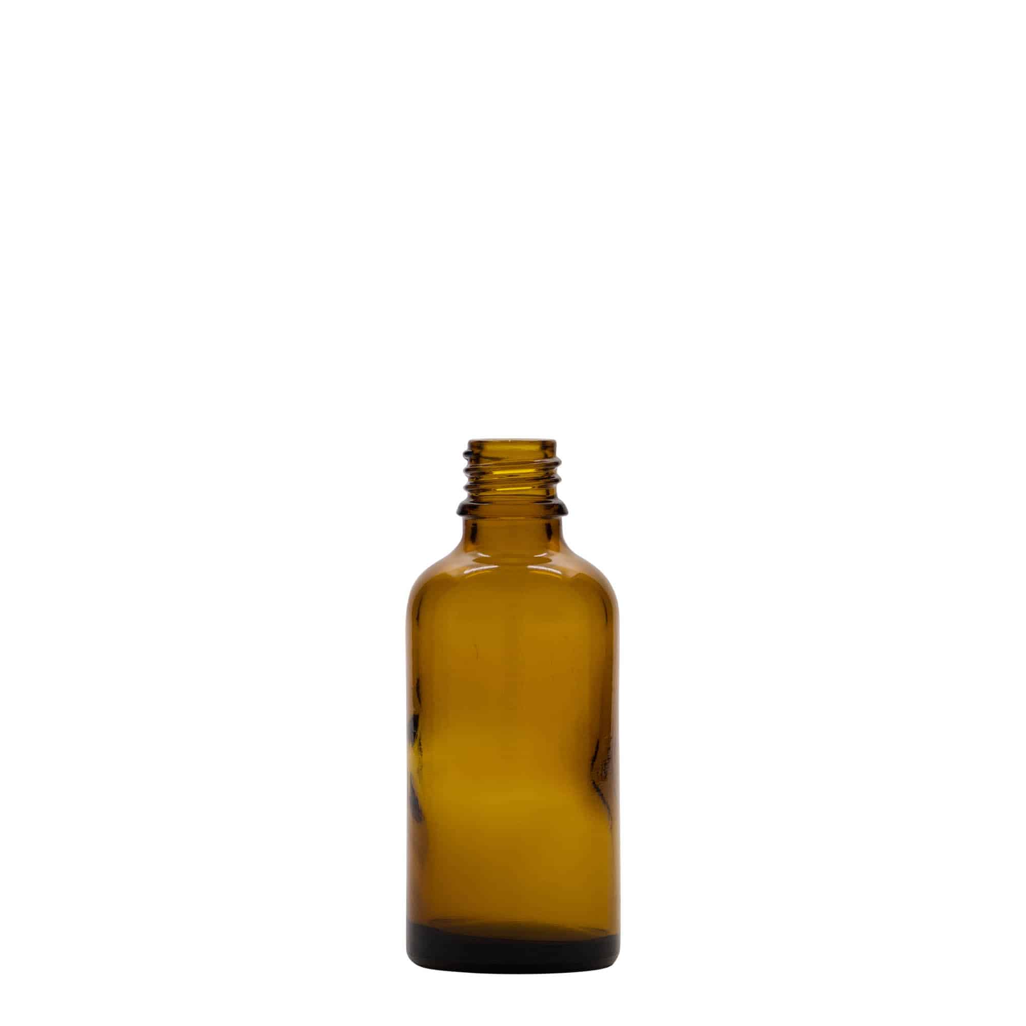 50 ml tıbbi şişe, cam, kahverengi, ağız: DIN 18