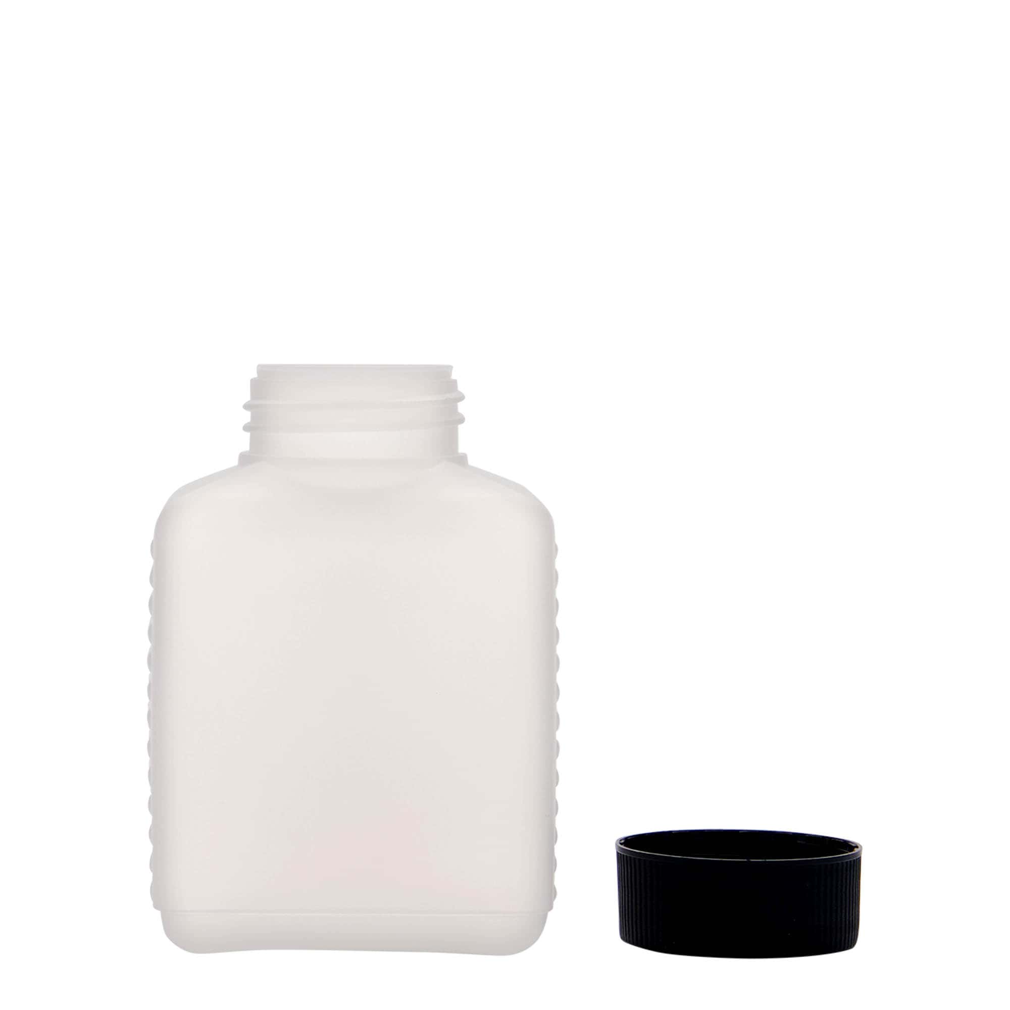 250 ml geniş ağızlı şişe, dikdörtgen, HDPE plastik, doğal, ağız çapı: DIN 40 EPE