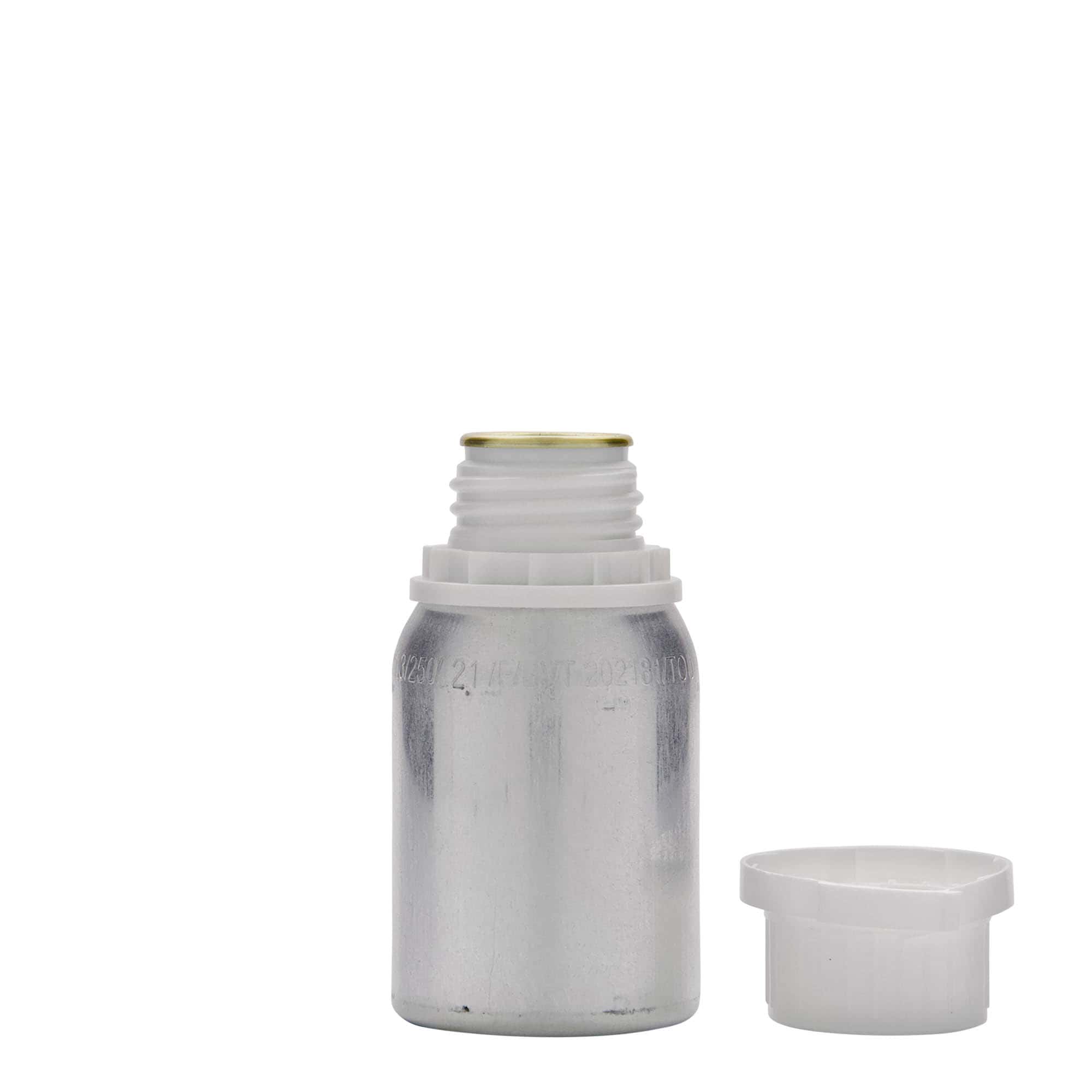 125 ml alüminyum şişe, metal, gümüş, ağız: DIN 32