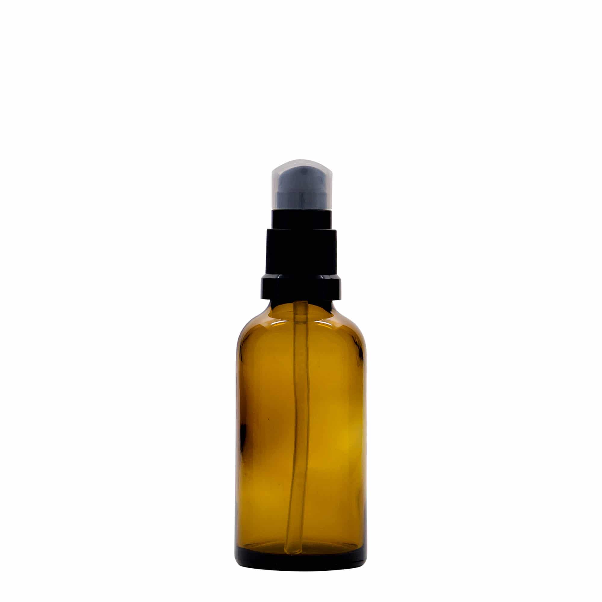 50 ml tıbbi şişe, losyon pompalı, cam, kahverengi, ağız: DIN 18 50 ml tıbbi şişe, losyon pompalı, cam, kahverengi, ağız: DIN 18