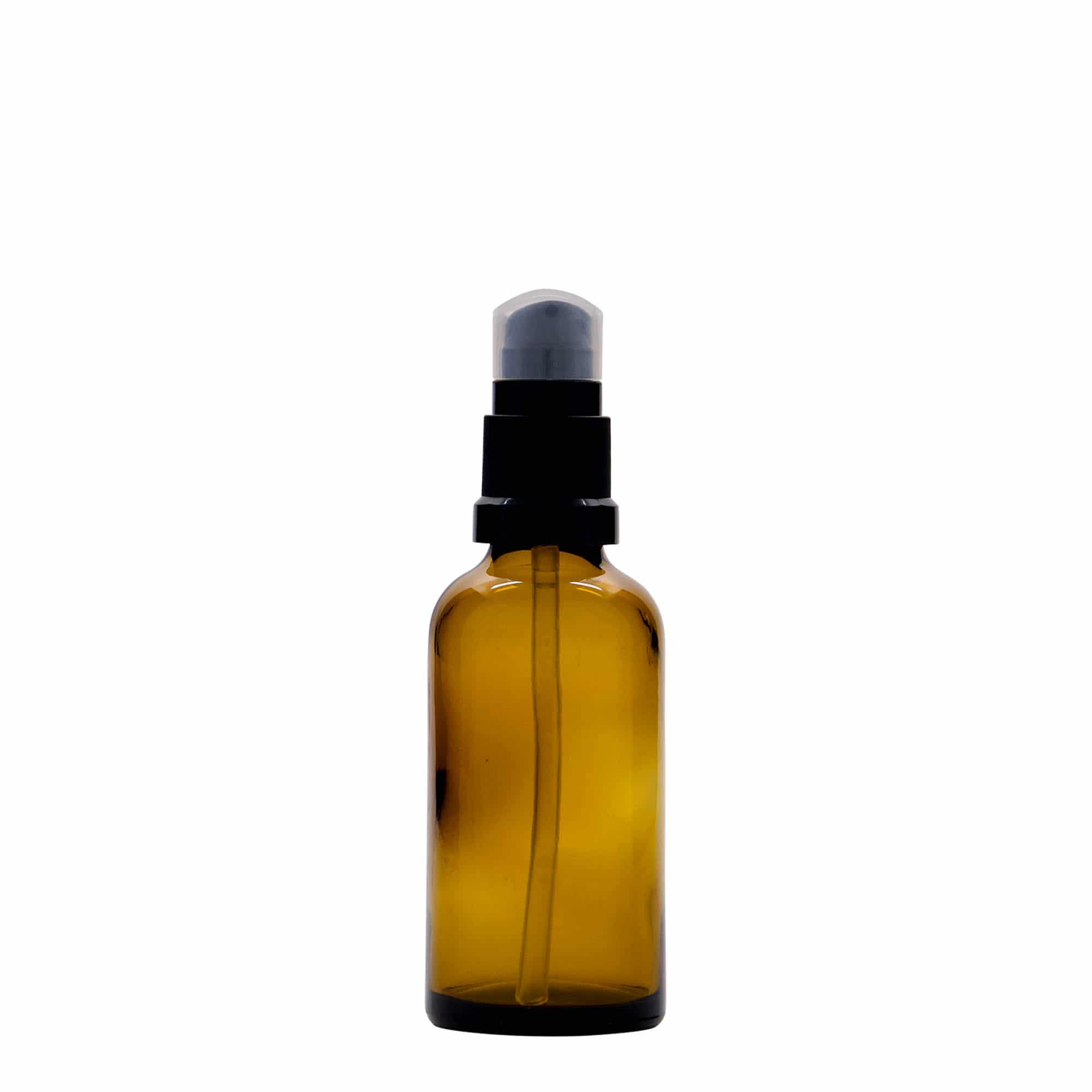 50 ml tıbbi şişe, losyon pompalı, cam, kahverengi, ağız: DIN 18